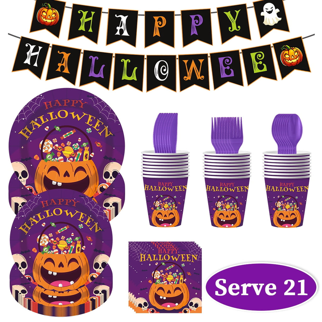 Halloween Paper Plates for Halloween Party Decoration Disposable Cups Napkins Table Cover for Halloween Banner Birthday Party Supplies Serve 20 Design 3