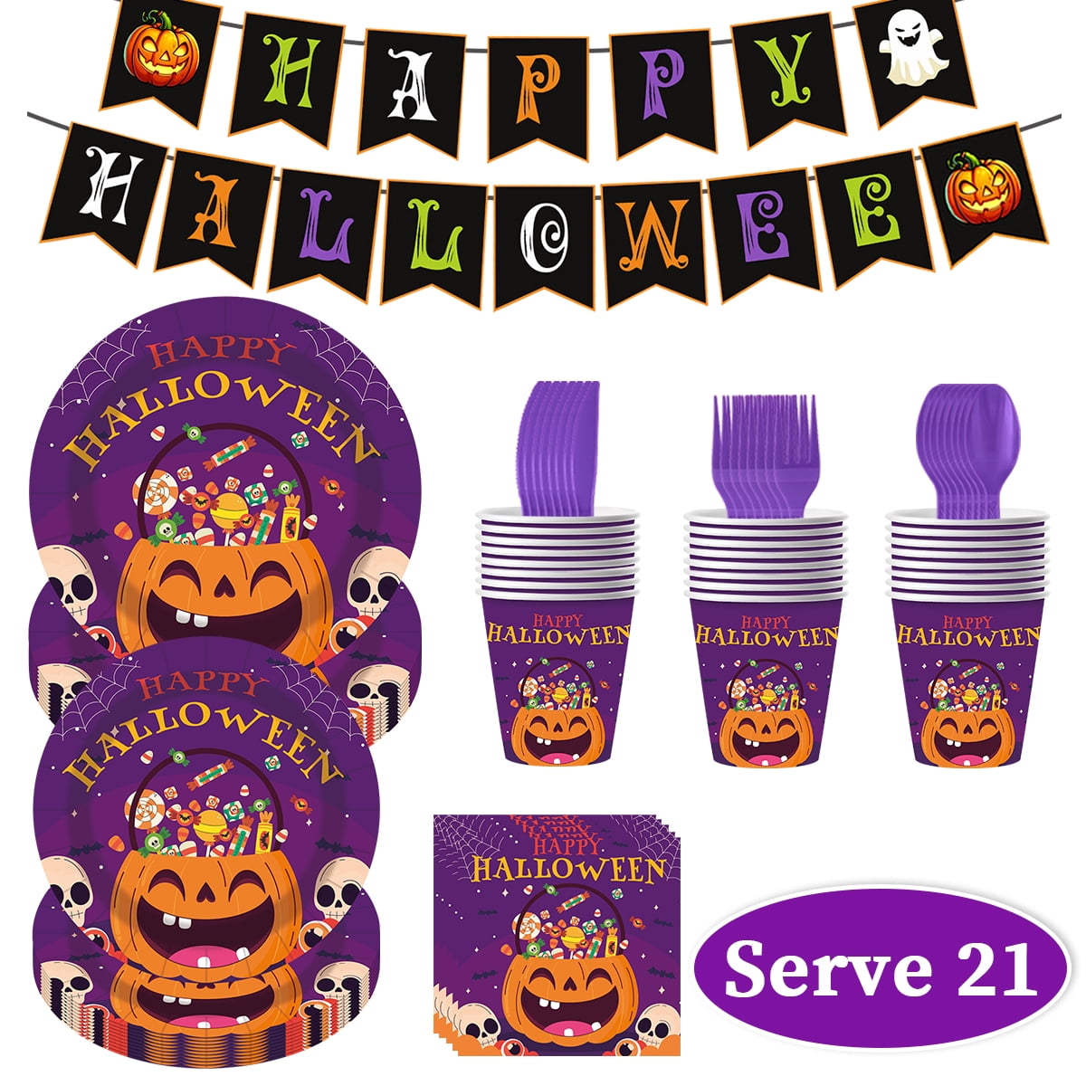Halloween Paper Plates for Halloween Party Decoration Disposable Cups Napkins Table Cover for Halloween Banner Birthday Party Supplies Serve 20 Design 3