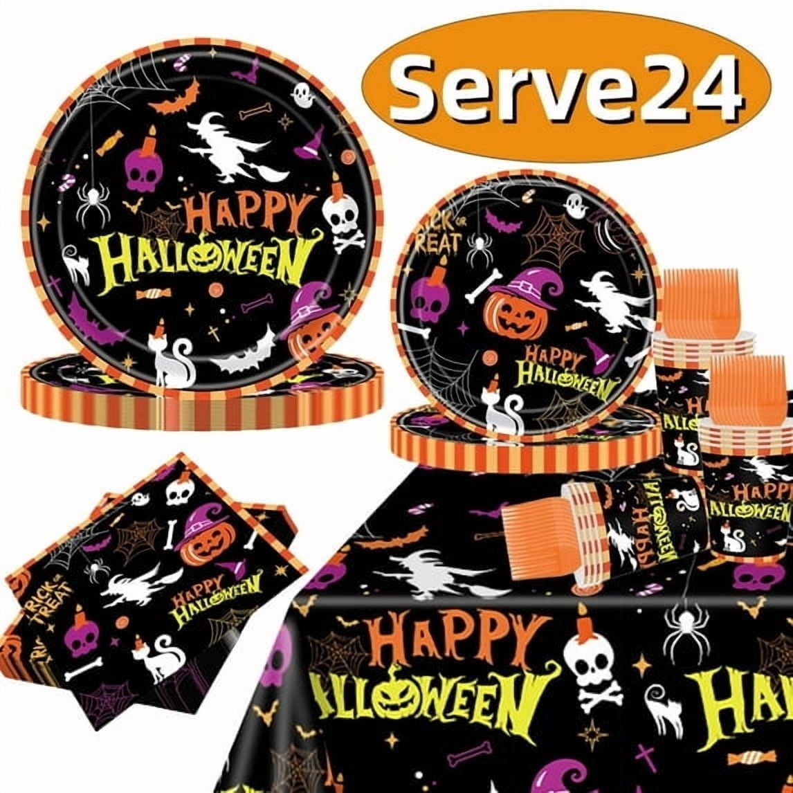 Halloween Paper Plates for Halloween Party Decoration Disposable Cups Napkins Table Cover for Halloween Banner Birthday Party Supplies Serve 20 Design 3