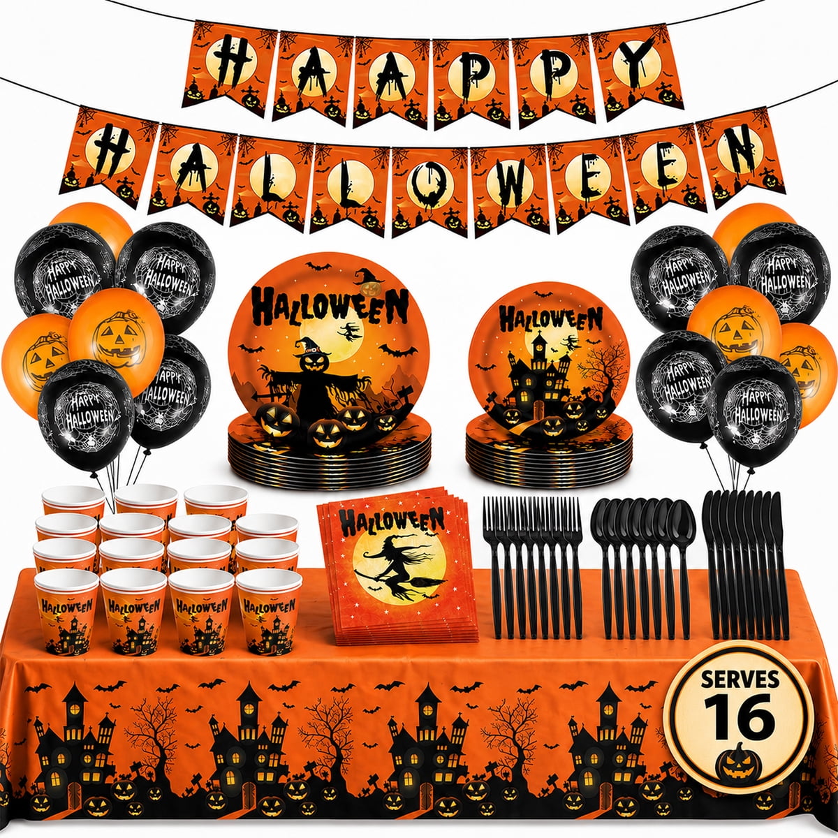 Halloween Paper Plates for Halloween Party Decoration Disposable Cups Napkins Table Cover Balloons Banner for Halloween Birthday Party Supplies Serve 20 Design2