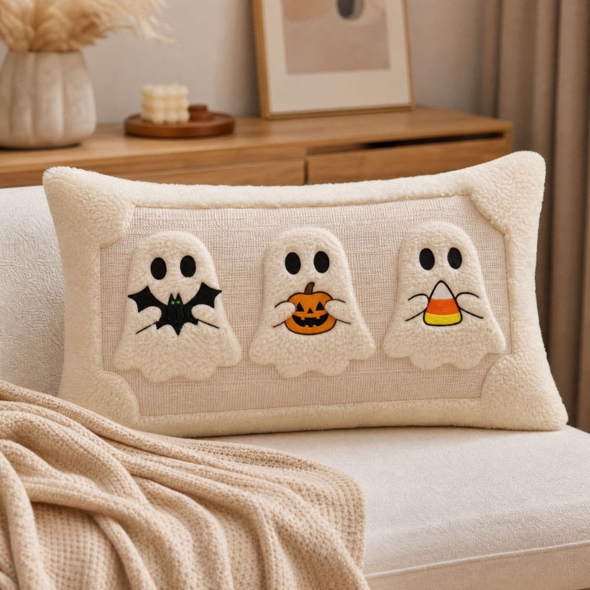 Halloween Ghost Reading Book Throw Pillow Cover, Spooky Library Bookshelf Skull Candlestick Decorative Pillowcase, Retro Halloween Cushion Cover