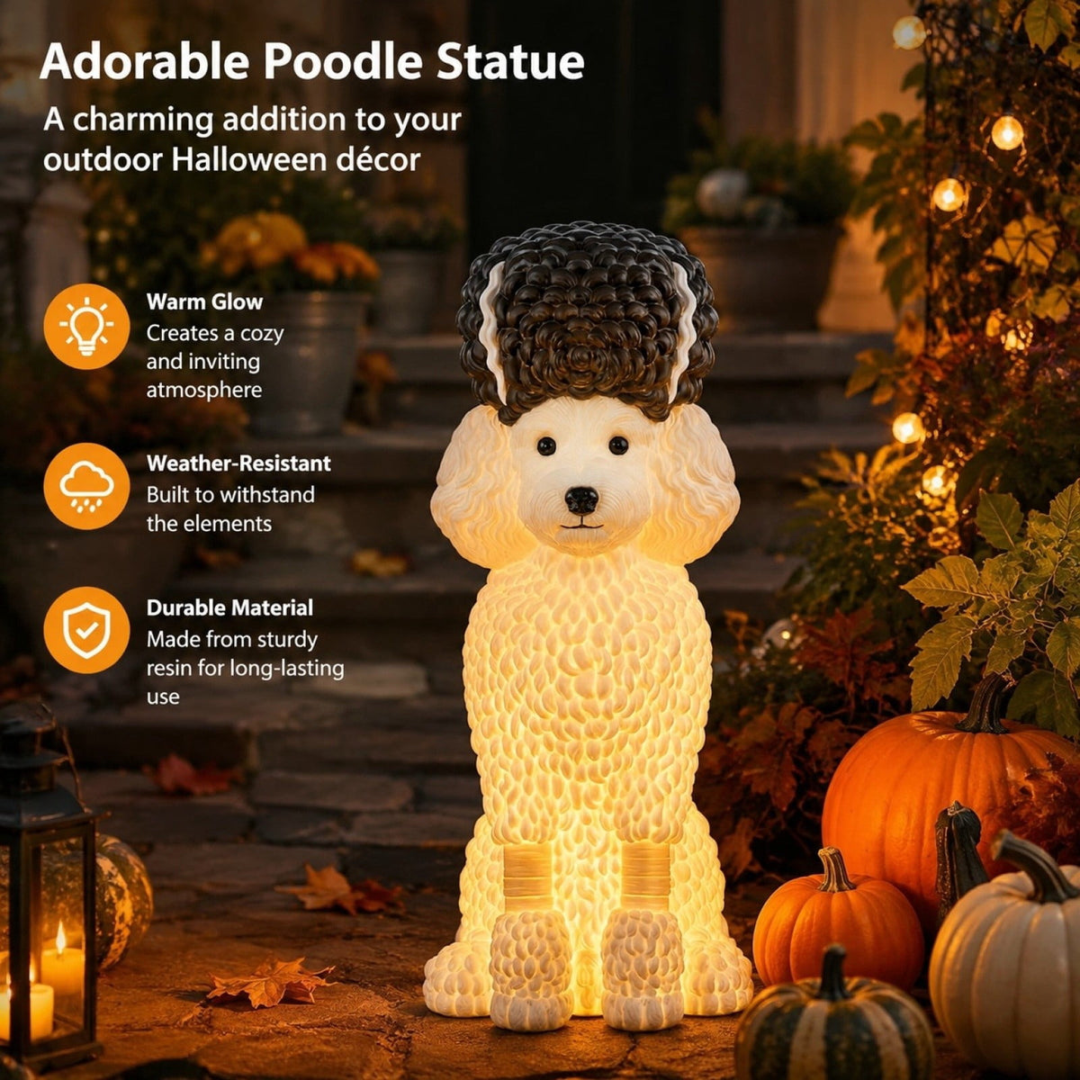 Halloween Ghost Dog Figurine, LED Light Statue, Yard Garden Decor, Treat Bucket Detail and Standing Sturdy Build for Front Porches, Garden Walkways and Tabletop Displays.