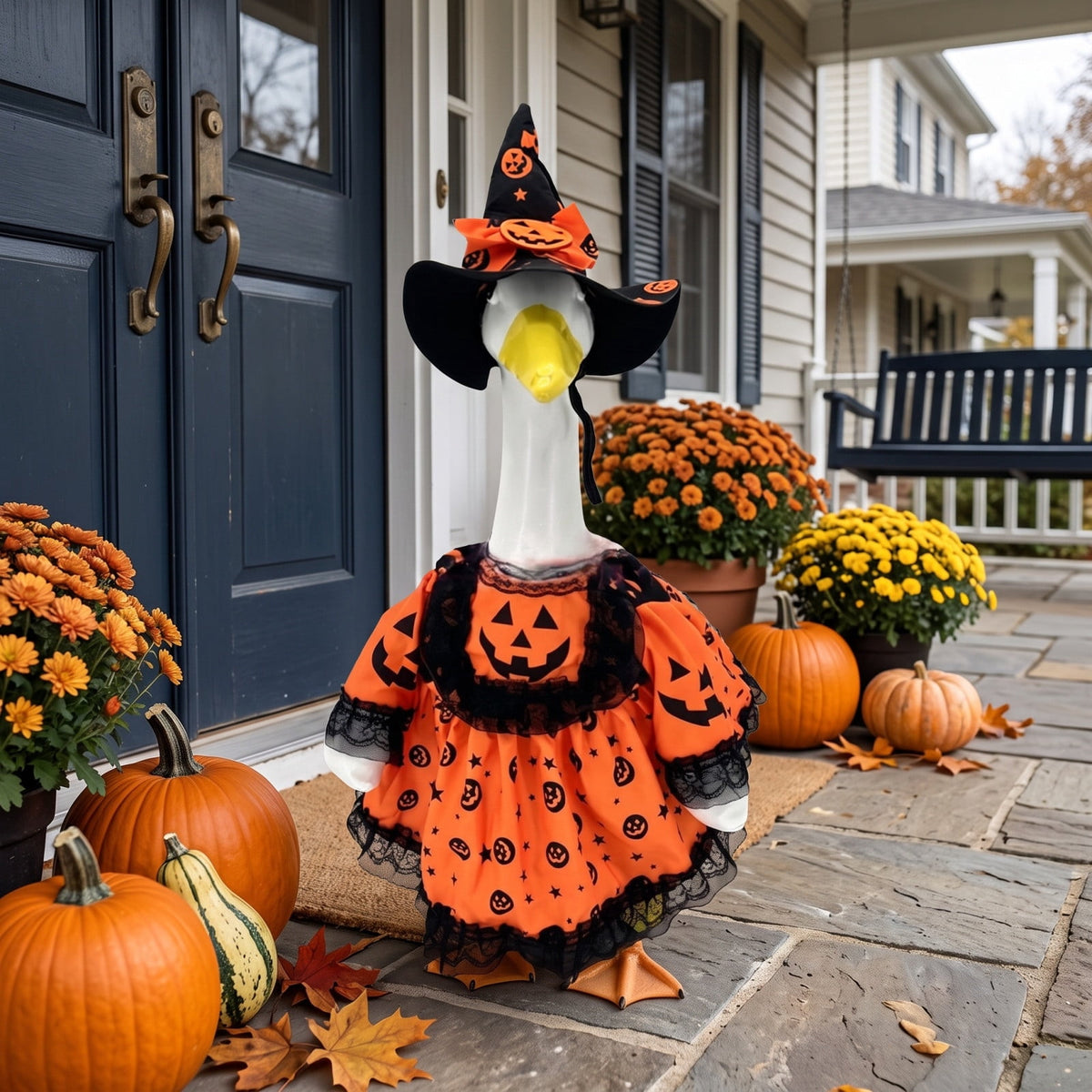Thanksgiving Harvest Outfit for 23" Porch Goose, Goose Fall Theme Dress in White&Orange with Headwear Fall Harvest Decor for 23" Goose Outdoor Patio Yard Lawn Decoration