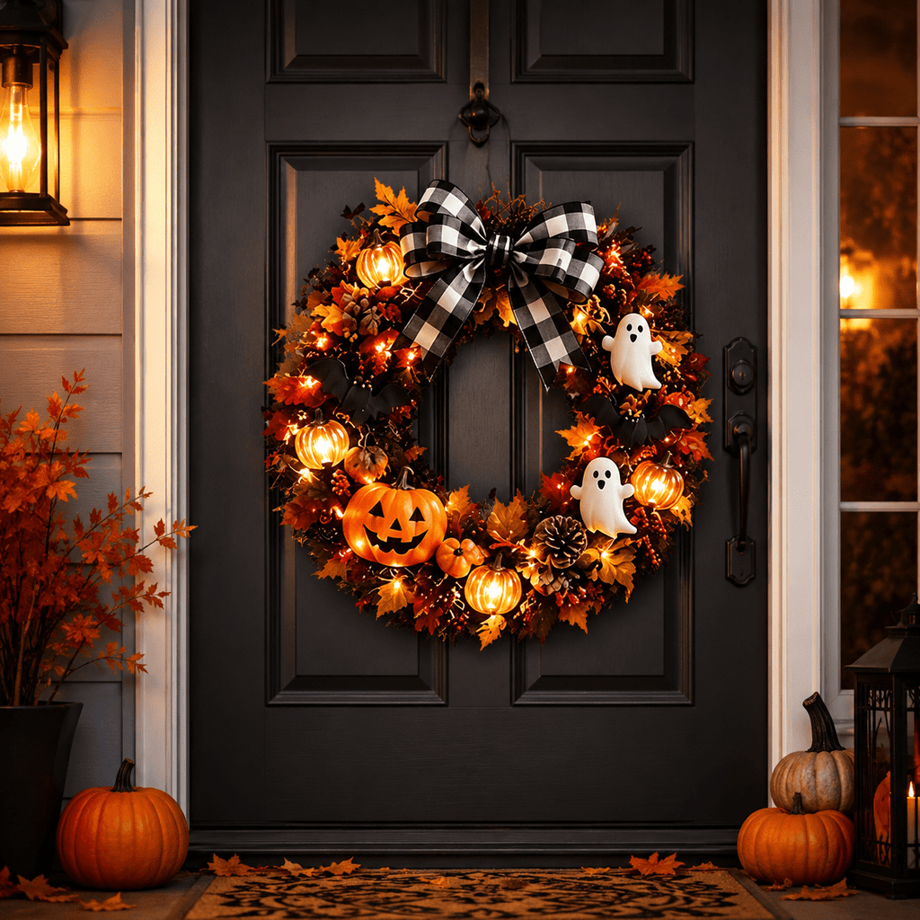 Halloween Pumpkin Ghost Wreath with Lights, 14 Inch Front Door Hanging Decor with Pumpkin, Ghost, Bat and Spiderweb, Indoor Outdoor Party Wall Decoration