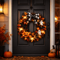 Halloween Pumpkin Ghost Wreath with Lights, 14 Inch Front Door Hanging Decor with Pumpkin, Ghost, Bat and Spiderweb, Indoor Outdoor Party Wall Decoration