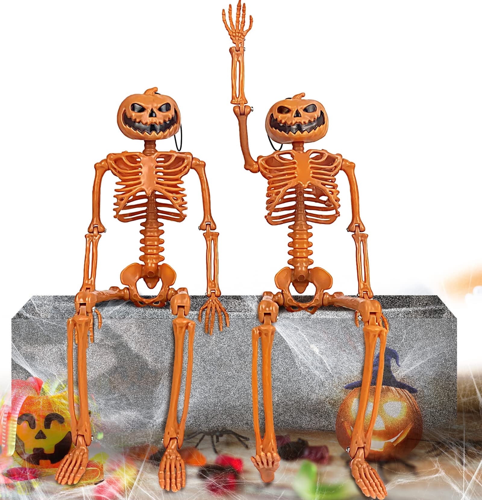 TETOU 2 Packs Halloween Skeletons, 14.9" Halloween Full Body Skeleton with Posable Joints for Haunted House Graveyard Props Decor