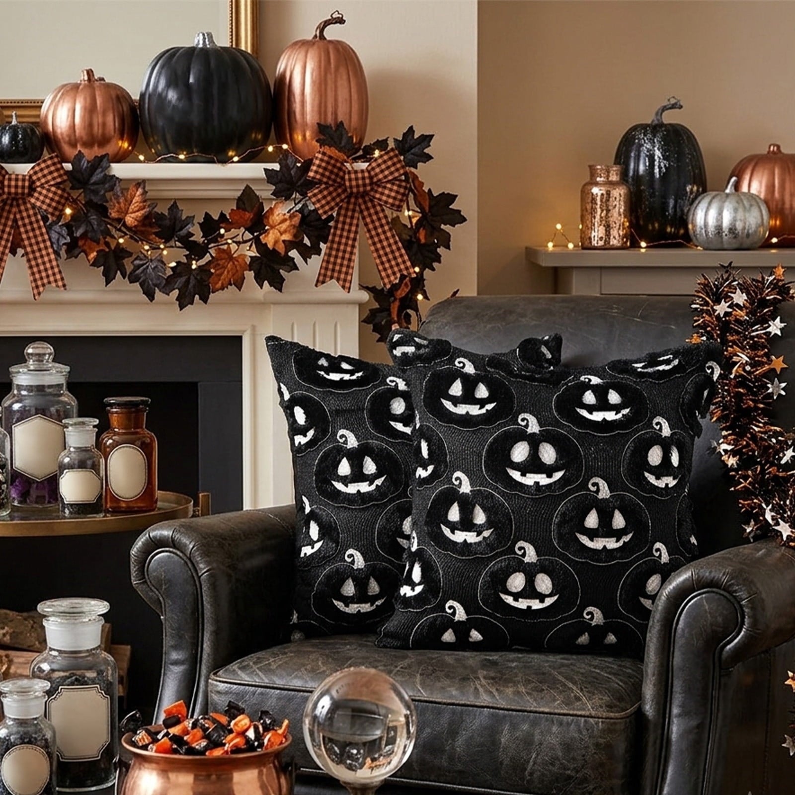 Halloween Ghost Reading Book Throw Pillow Cover, Spooky Library Bookshelf Skull Candlestick Decorative Pillowcase, Retro Halloween Cushion Cover