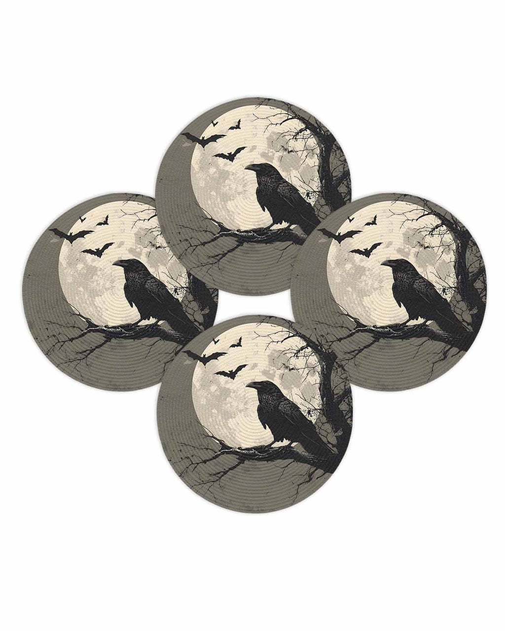 Halloween Round Placemats Set of 4 Black Crow Bats Place Mats Washable Woven Placemat Horror Moon Tree Branch Circle Braided Table Mat for Kitchen Dining Table Holiday Party Home Decor 15 Inch