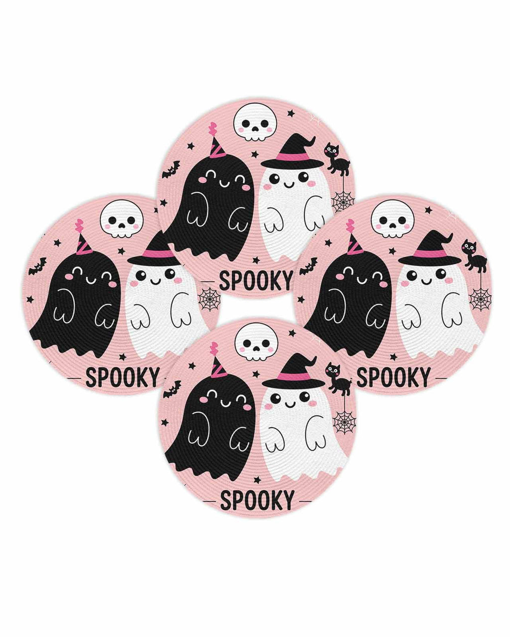 Halloween Round Placemats Set of 4 Cute Ghost Place Mats Washable Woven Placemat Spooky Skull Bat Cat Pumpkin Pink Circle Braided Table Mat for Kitchen Dining Table Holiday Party Home Decor 15 Inch