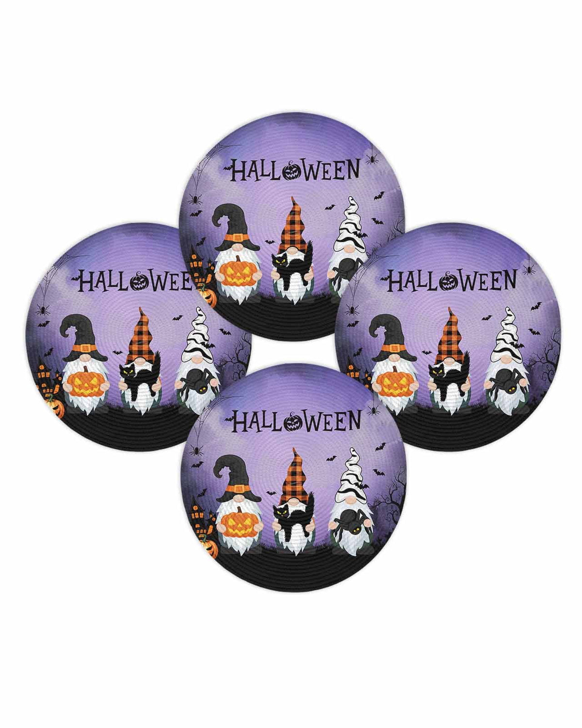 Halloween Round Placemats Set of 4 Gnomes Pumpkin Place Mats Washable Woven Placemat Black Cat Bat Castle Purple Circle Braided Table Mat for Kitchen Dining Table Holiday Party Home Decor 15 Inch