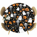 Halloween Round Tablecloth 36-44 Inch Round Fitted Table Cloth with Elastic Edge, Orange Pumpkins White Funny Ghost Black Cat Waterproof Table Cover Protector for Outdoor Picnic Party Dining
