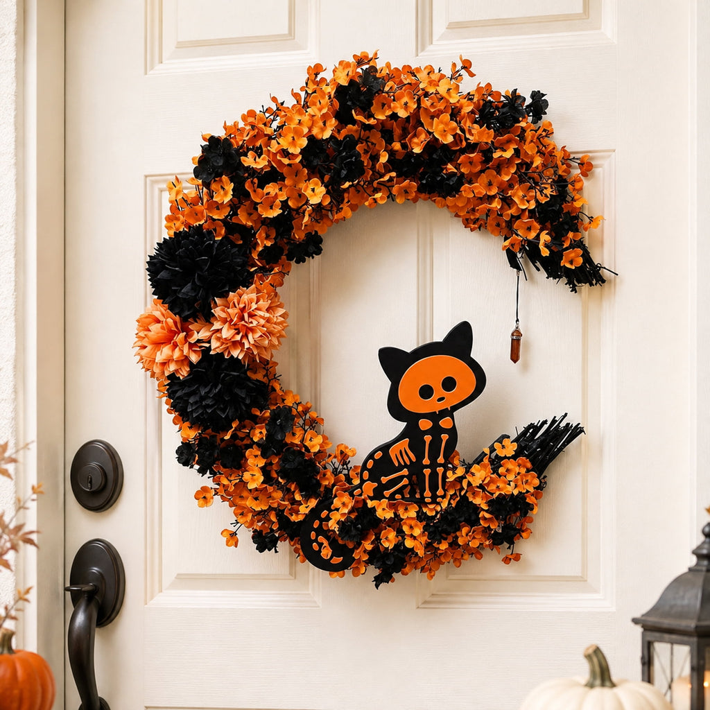 15.7" Artificial Halloween Skeleton Cat Moon Wreath, Orange Black Floral Crescent Decor for Front Door, Porch & Wall, Plastic & Fabric