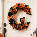 15.7" Artificial Halloween Skeleton Cat Moon Wreath, Orange Black Floral Crescent Decor for Front Door, Porch & Wall, Plastic & Fabric