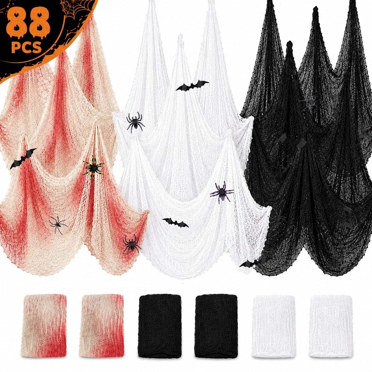 Halloween Creepy Cloth Halloween Gauz Scary Decoration with Bats Spiders Fabric Hanging Spooky Stuff for Indoor Outdoor Home Wall Haunted House Party Supplies 88Pcs Set 1