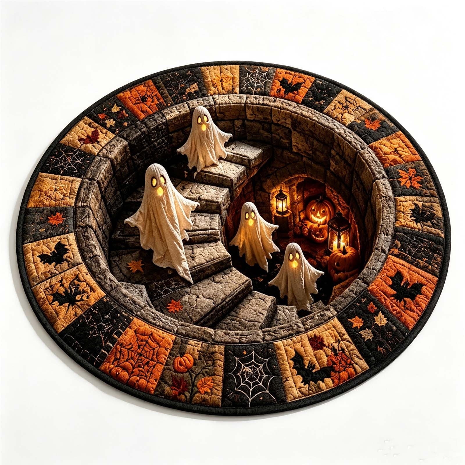 Halloween Staircase Optical Illusion Round Rug, Spooky 3D Floor Mat with Ghosts Pumpkins, Soft Non-Slip Carpet for Living Room Entryway – 4 Sizes