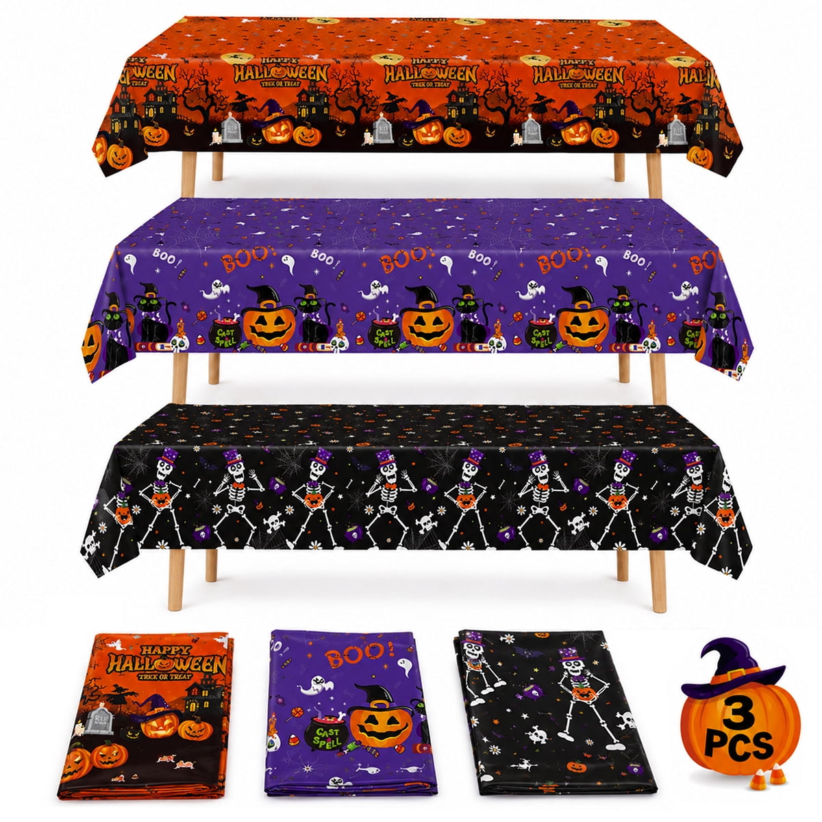 Halloween Tablecloth Decorations Halloween Party Supplies Plastic Disposable Rectangle Tablecovers Skeletons Ghosts Pumpkin Table Décor 3Pcs Design 2