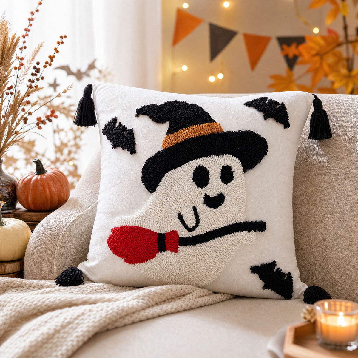 Halloween Ghost Reading Book Throw Pillow Cover, Spooky Library Bookshelf Skull Candlestick Decorative Pillowcase, Retro Halloween Cushion Cover
