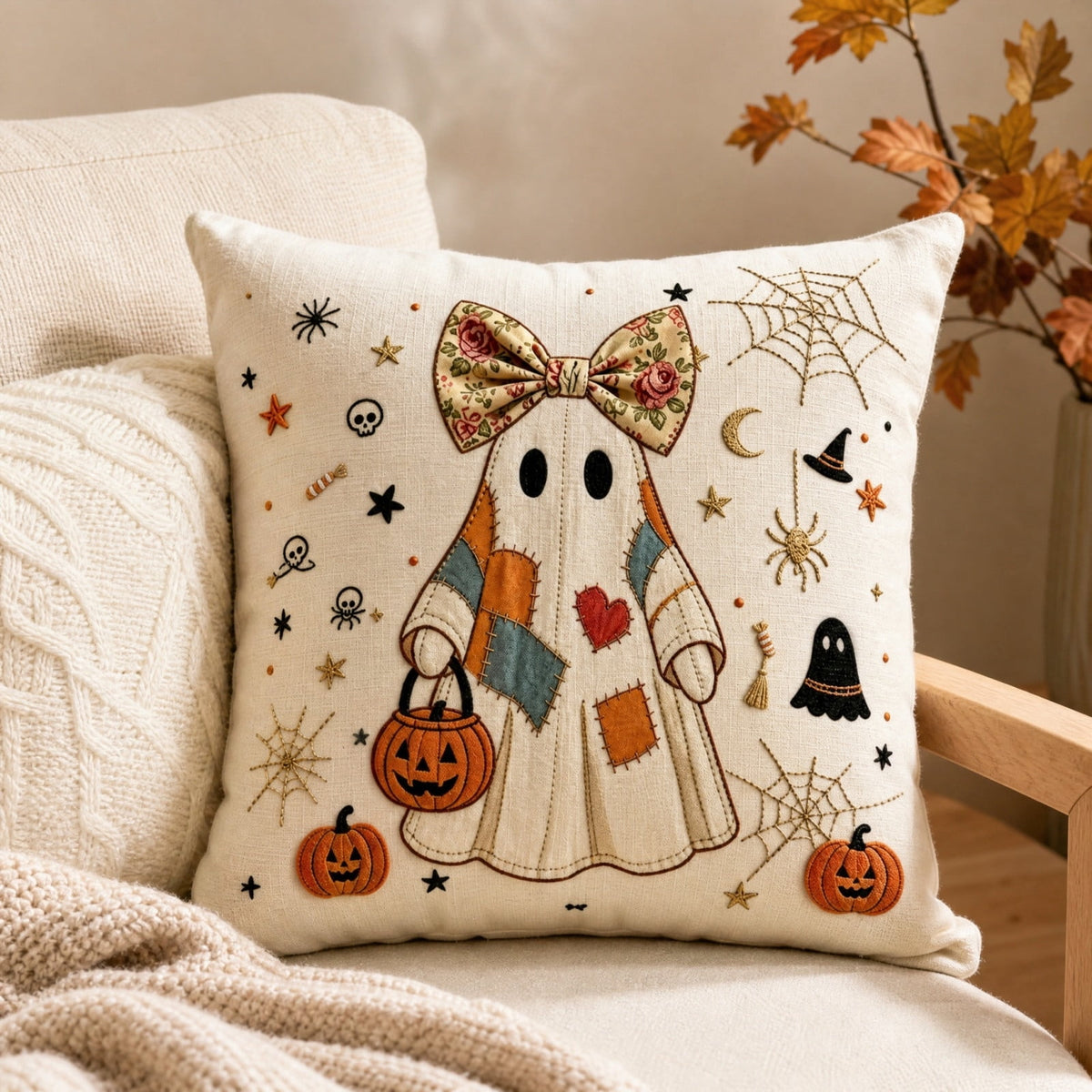 Halloween Ghost Reading Book Throw Pillow Cover, Spooky Library Bookshelf Skull Candlestick Decorative Pillowcase, Retro Halloween Cushion Cover
