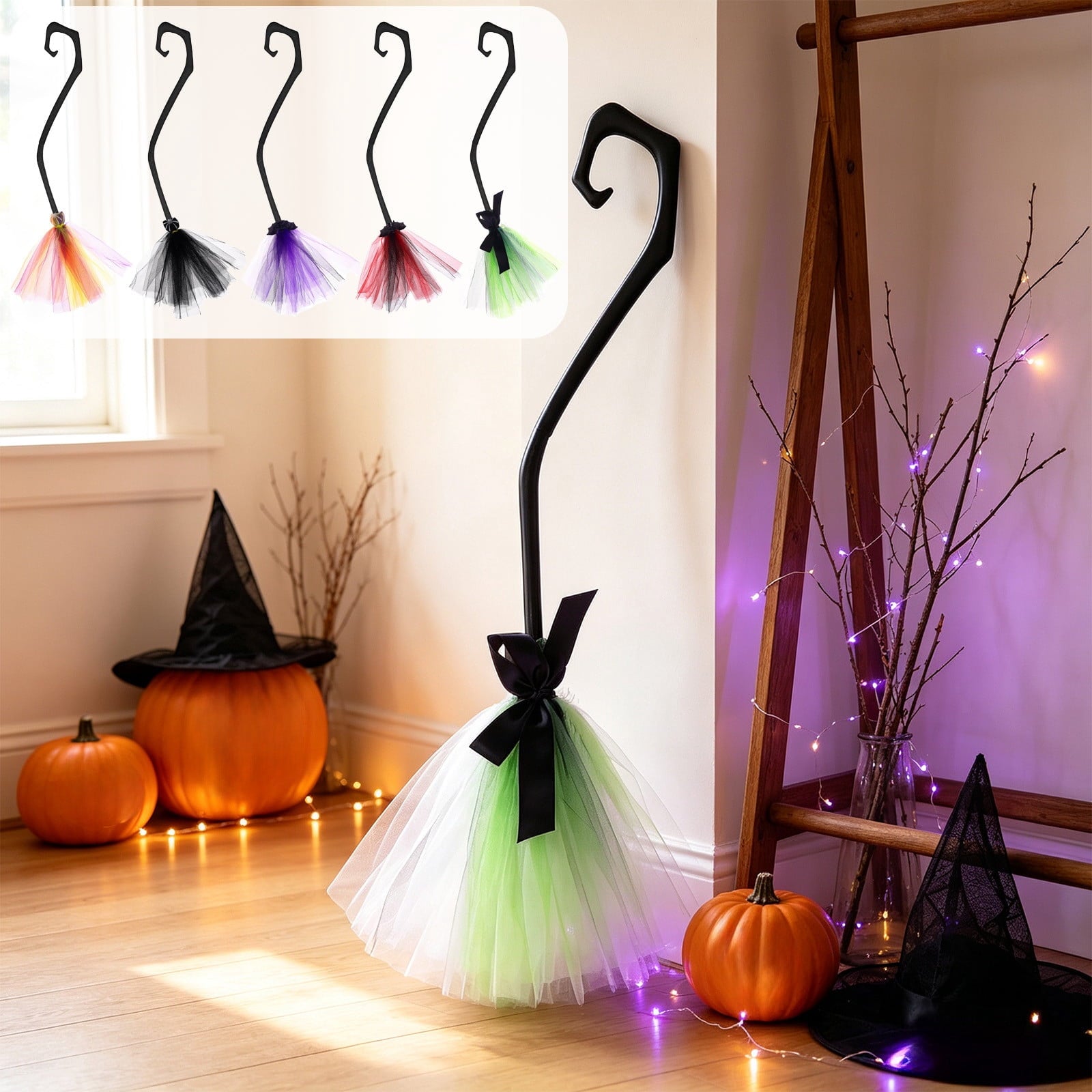 Halloween Witch Broom Cane with Ribbons, 38.2" Witches Broomstick for Wizard Costume Party, Photo Booth Accessory Stage Prop, Halloween Decoration, D