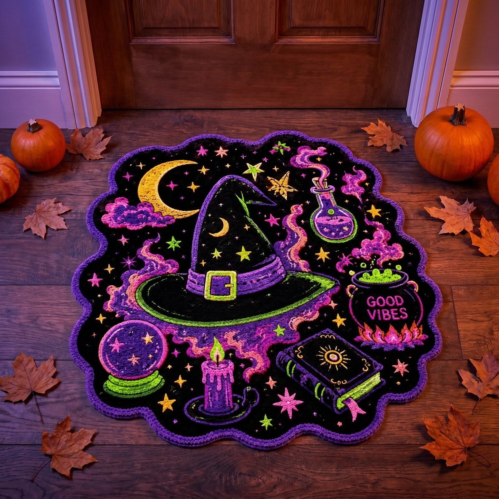 Halloween Wreath Shaped Rugs, Soft Indoor Mat for Entryway, Kitchen, Halloween Party, Pumpkin Witch Spooky Home Decor, 23.62x15.75 Inches