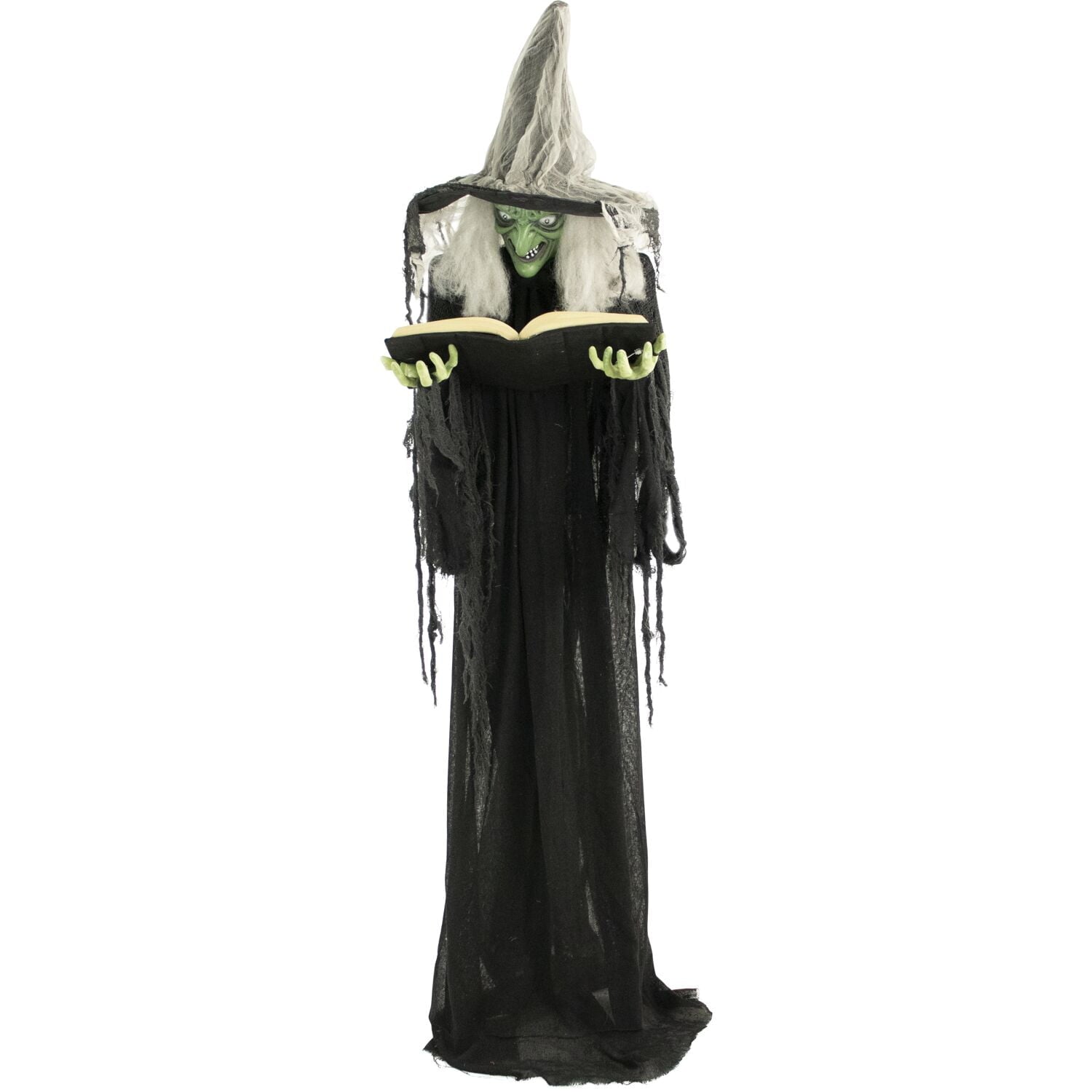 Haunted Hill Farm 5.5 ft Poseable Witch with Spell Book, Lights and Sound, Indoor/Covered Outdoor Halloween Decoration, HHWITCH-9FLS