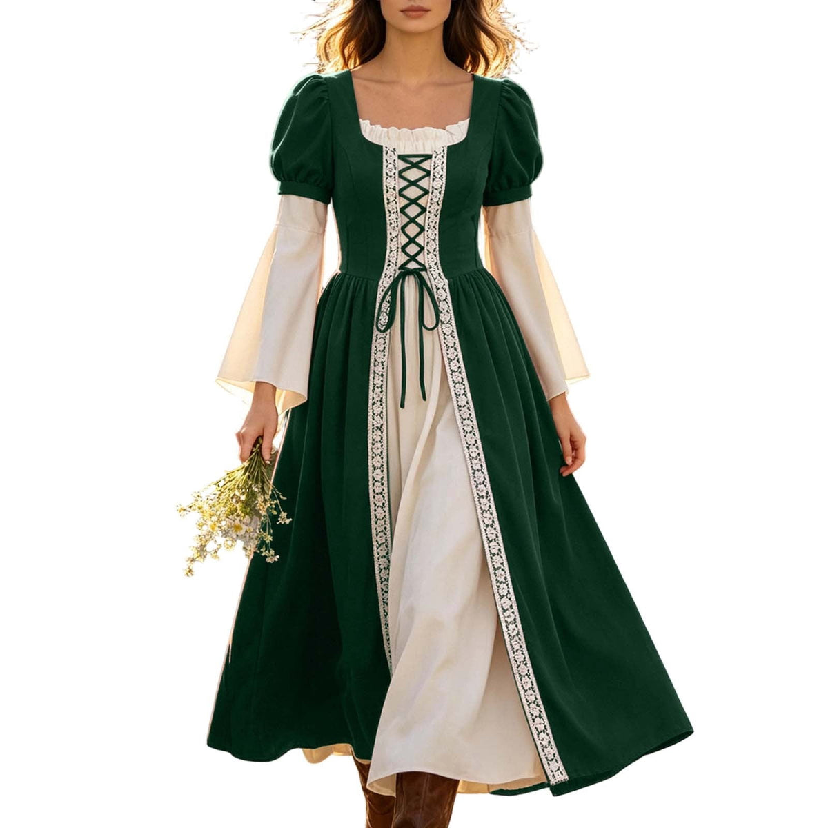 Hurxie Renaissance Costume Women Peasant Medieval Dress Maxi Fairy Dresses with Bell Sleeve Vintage Ren Faire Outfit