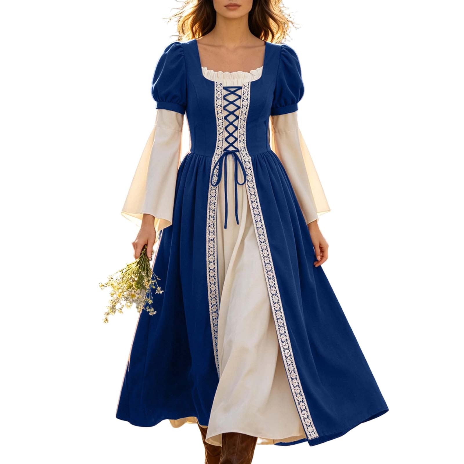 Hurxie Renaissance Costume Women Peasant Medieval Dress Maxi Fairy Dresses with Bell Sleeve Vintage Ren Faire Outfit