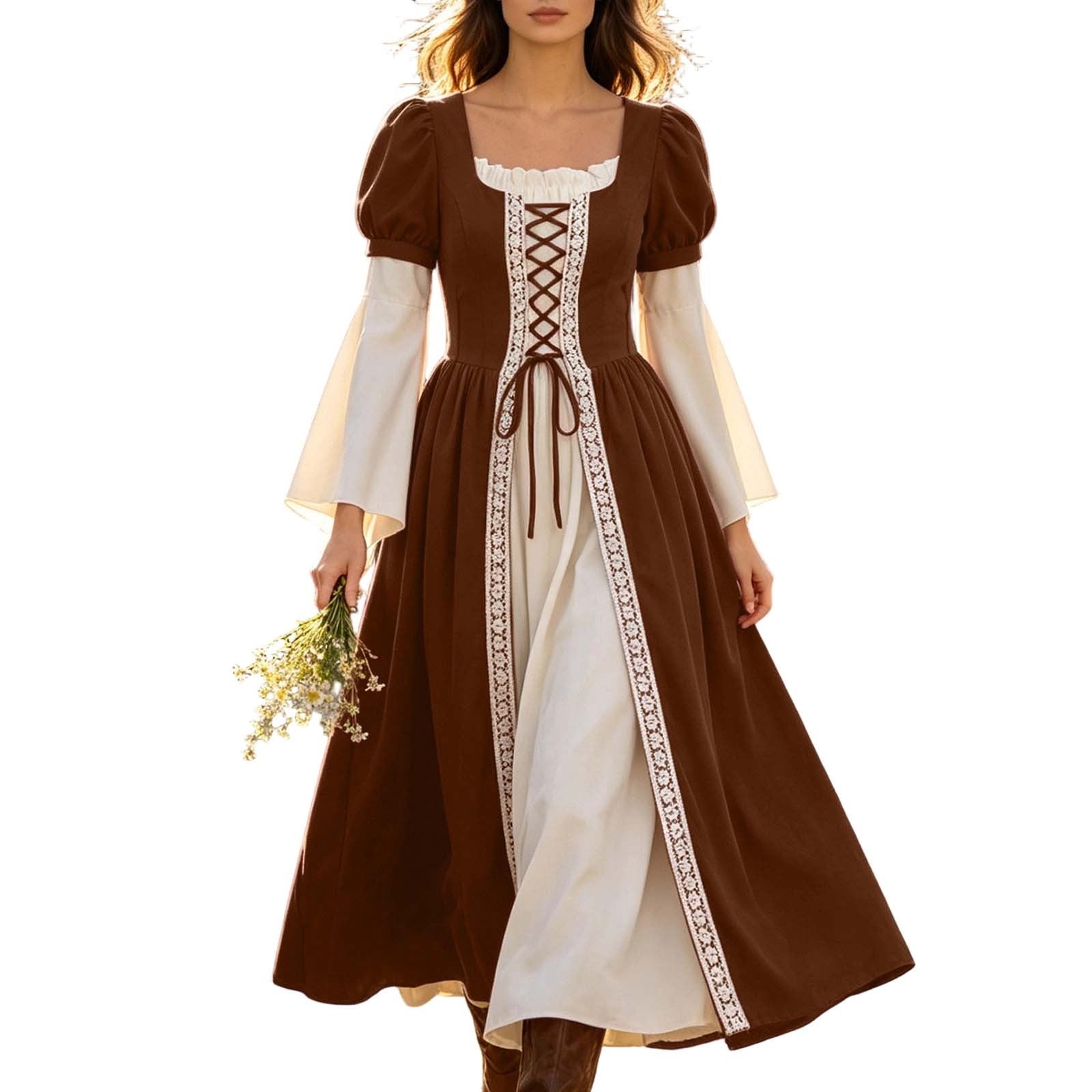Hurxie Renaissance Costume Women Peasant Medieval Dress Maxi Fairy Dresses with Bell Sleeve Vintage Ren Faire Outfit