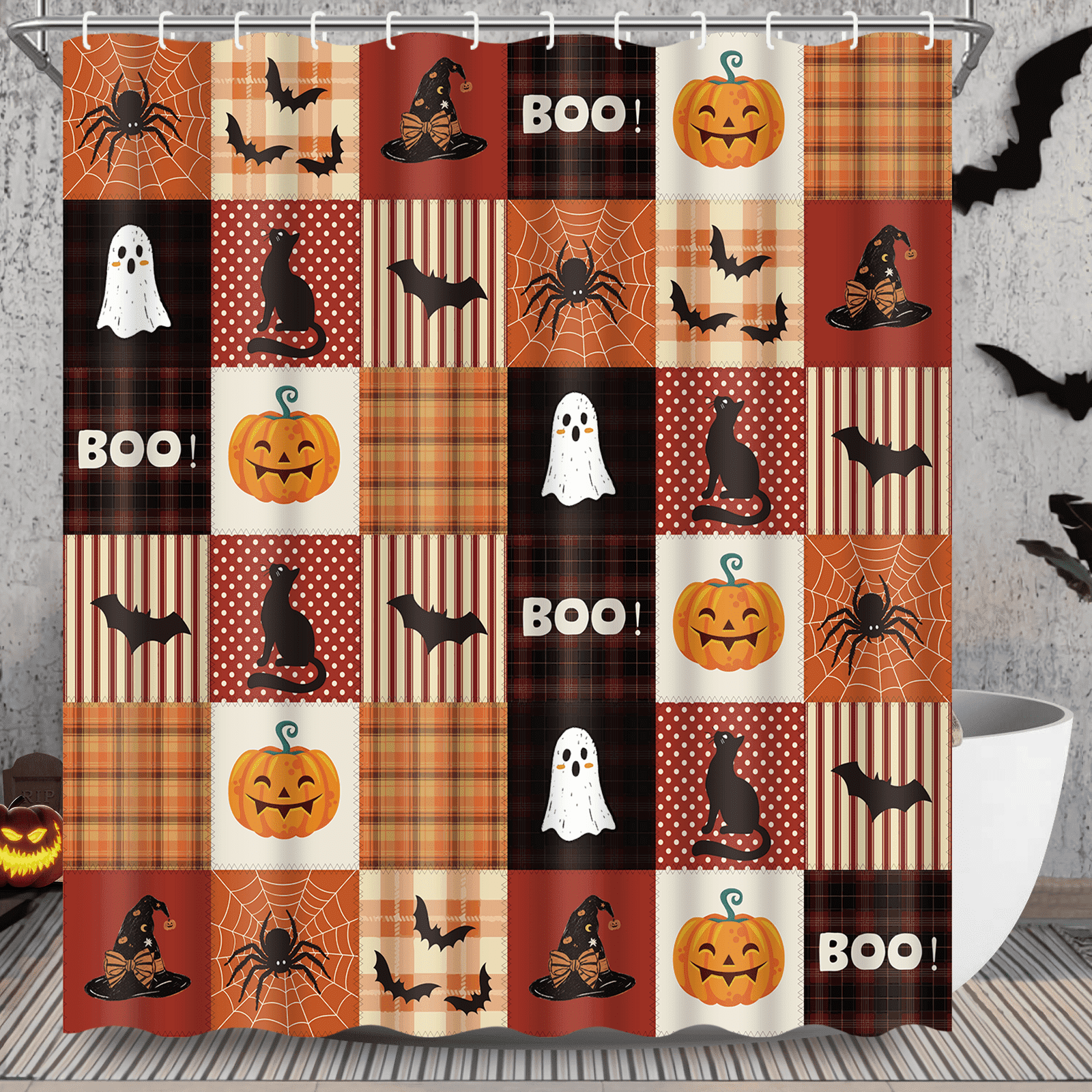 Ikfashoni Fall Shower Curtain with Hooks, Fall Decor for Home, Buffalo Plaid Pumpkin Waterproof Bathroom Curtains, 72"X72"