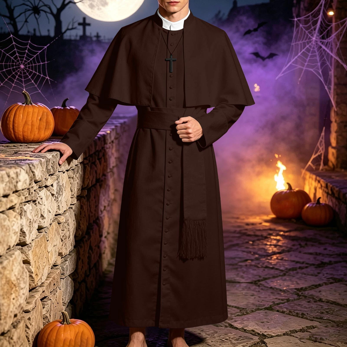JOANKDMI Catholic Priest Costume for Men Clergy Cassock Robe with Capelet and Sash Halloween Party Outfit Religious Father Minister Fancy Dress for Men