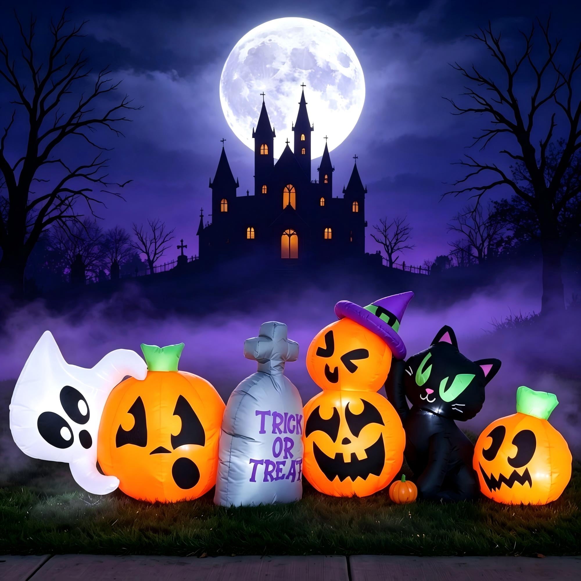 Joyfy 7 ft Halloween Inflatable Long Pumpkin with Witch's Cat Decorations Inflatables with Build-in LEDs,Halloween Decor Outdoor Blow Up Yard Decorations