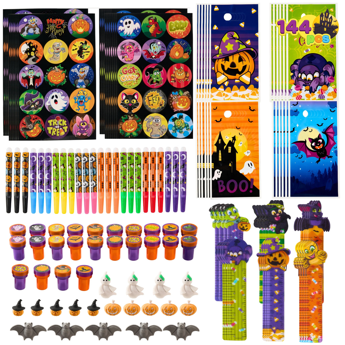 Joyfy 192 Pcs Halloween Stationery Set, Halloween Markers Rulers Stickers Erasers Stamps Notebooks Bags Party Favors,Halloween Trick or Treat Bags,Halloween Gifts for Kids,Classroom Favors