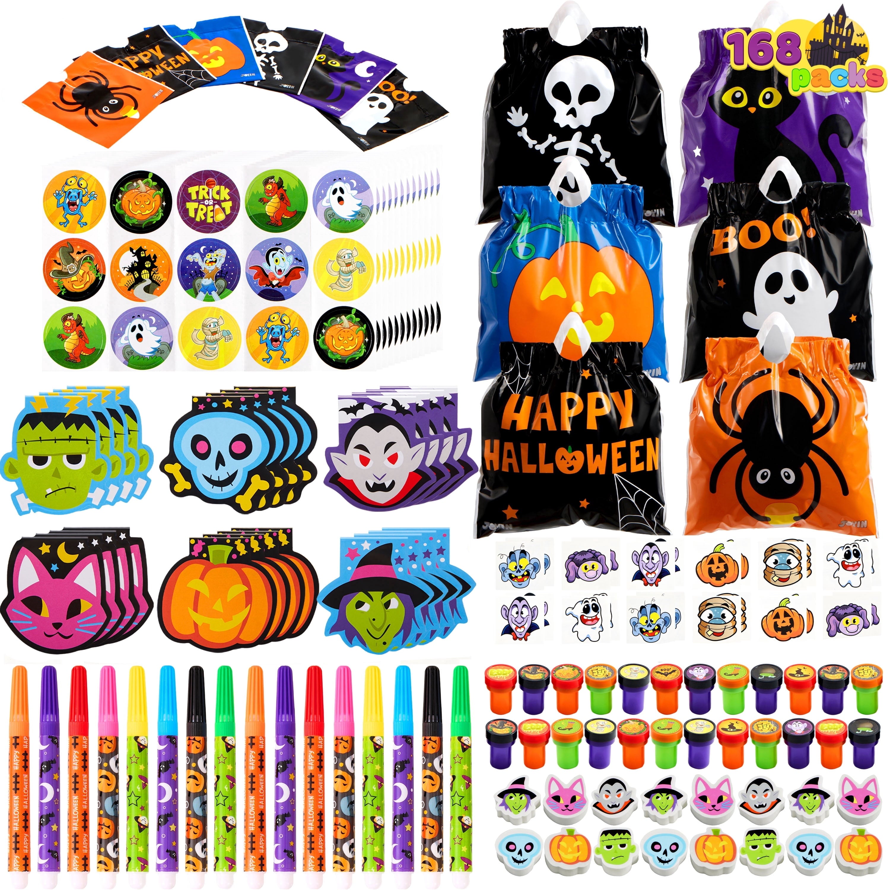 Joyfy 192 Pcs Halloween Stationery Set, Halloween Markers Rulers Stickers Erasers Stamps Notebooks Bags Party Favors,Halloween Trick or Treat Bags,Halloween Gifts for Kids,Classroom Favors