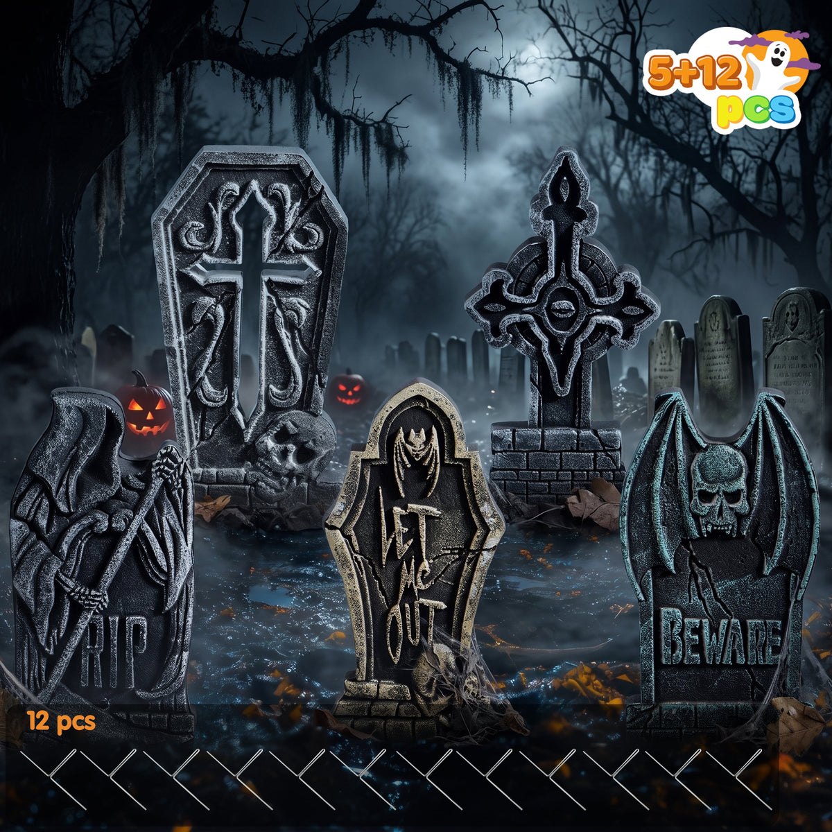 Joyfy 17" Halloween 5 Pack Tombstone Decorations, Foam RIP Graveyard Signs Cemetery Headstones Scary Outdoor Indoor Halloween Decor with 12 Metal Stakes for Easy Set Up, Waterproof for Garden Lawn