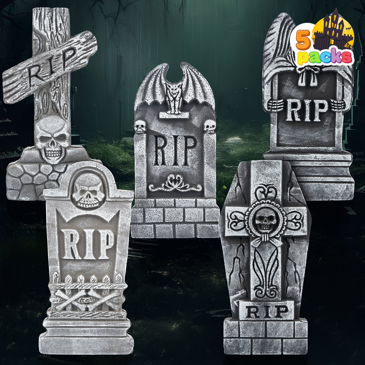 Joyfy 17" Halloween 5 Pack Tombstone Decorations, Foam RIP Graveyard Signs Cemetery Headstones Scary Outdoor Indoor Halloween Decor with 12 Metal Stakes for Easy Set Up, Waterproof for Garden Lawn