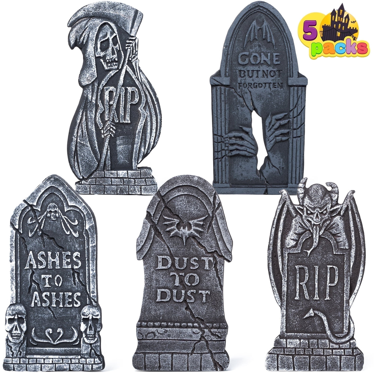 Joyfy 17" Halloween 5 Pack Tombstone Decorations, Foam RIP Graveyard Signs Cemetery Headstones Scary Outdoor Indoor Halloween Decor with 12 Metal Stakes for Easy Set Up, Waterproof for Garden Lawn
