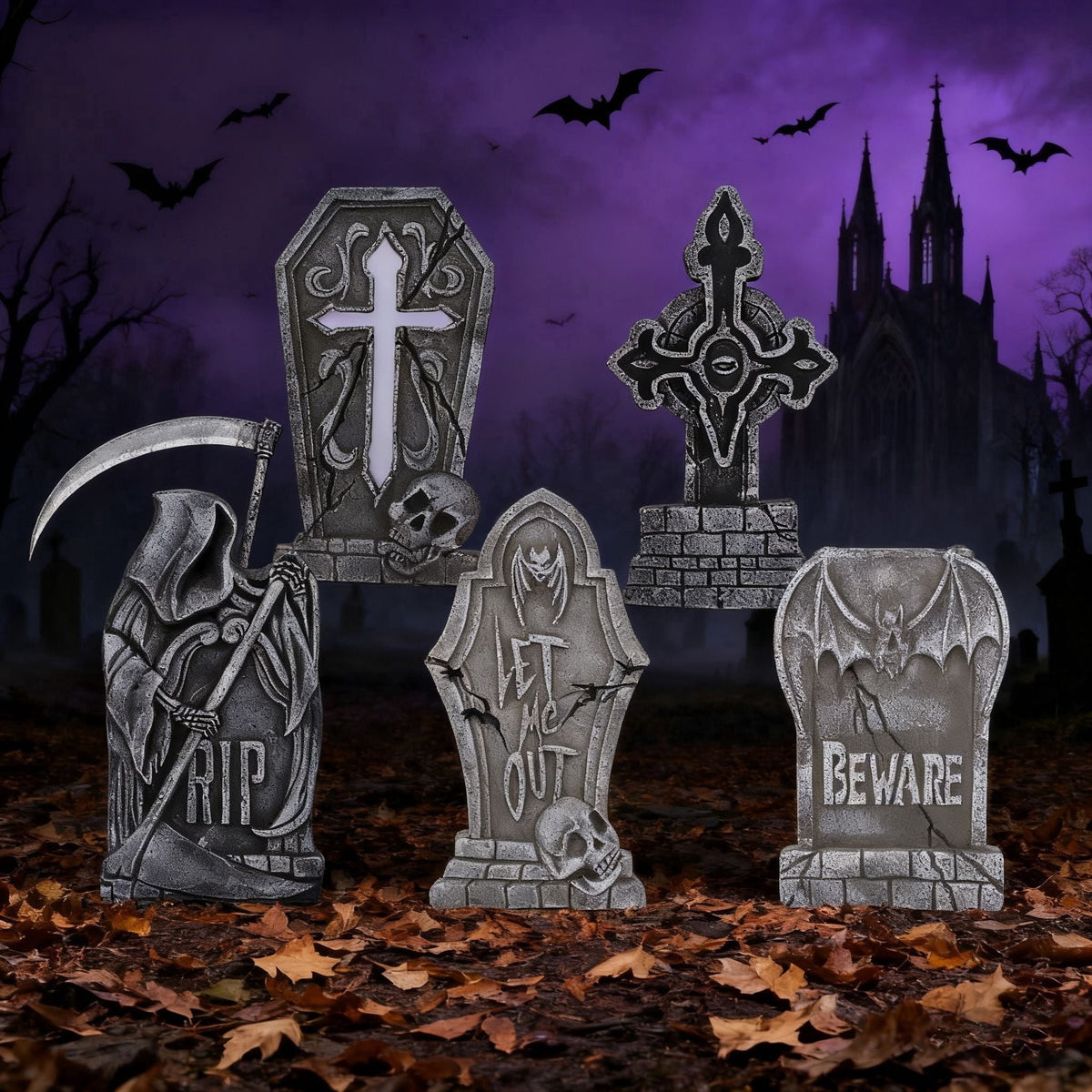 Joyfy 17" Halloween 5 Pack Tombstone Decorations, Foam RIP Graveyard Signs Cemetery Headstones Scary Outdoor Indoor Halloween Decor with 12 Metal Stakes for Easy Set Up, Waterproof for Garden Lawn