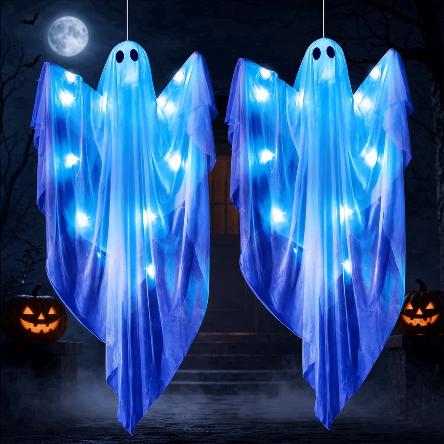 Joyfy 47inch Halloween Decorations Outdoor Hanging Ghost,Light up White Ghosts with Spooky Warm White LED Light,Halloween Outdoor Yard Porch Decorations,Haunted House Decorations