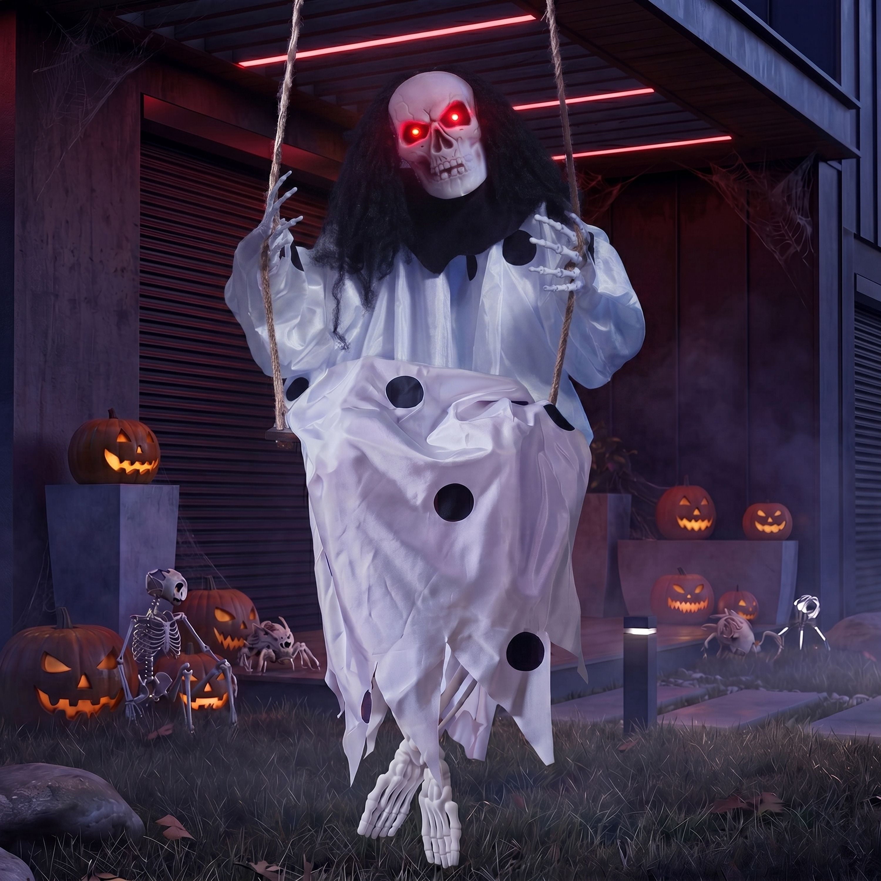 Joyfy 3 FT Halloween Hanging Swinging Skeleton,Light Up Creepy Grim Reaper with Black Hood Decorations for Halloween Hanging Decorations Indoor Outdoor Yard Home Decorations