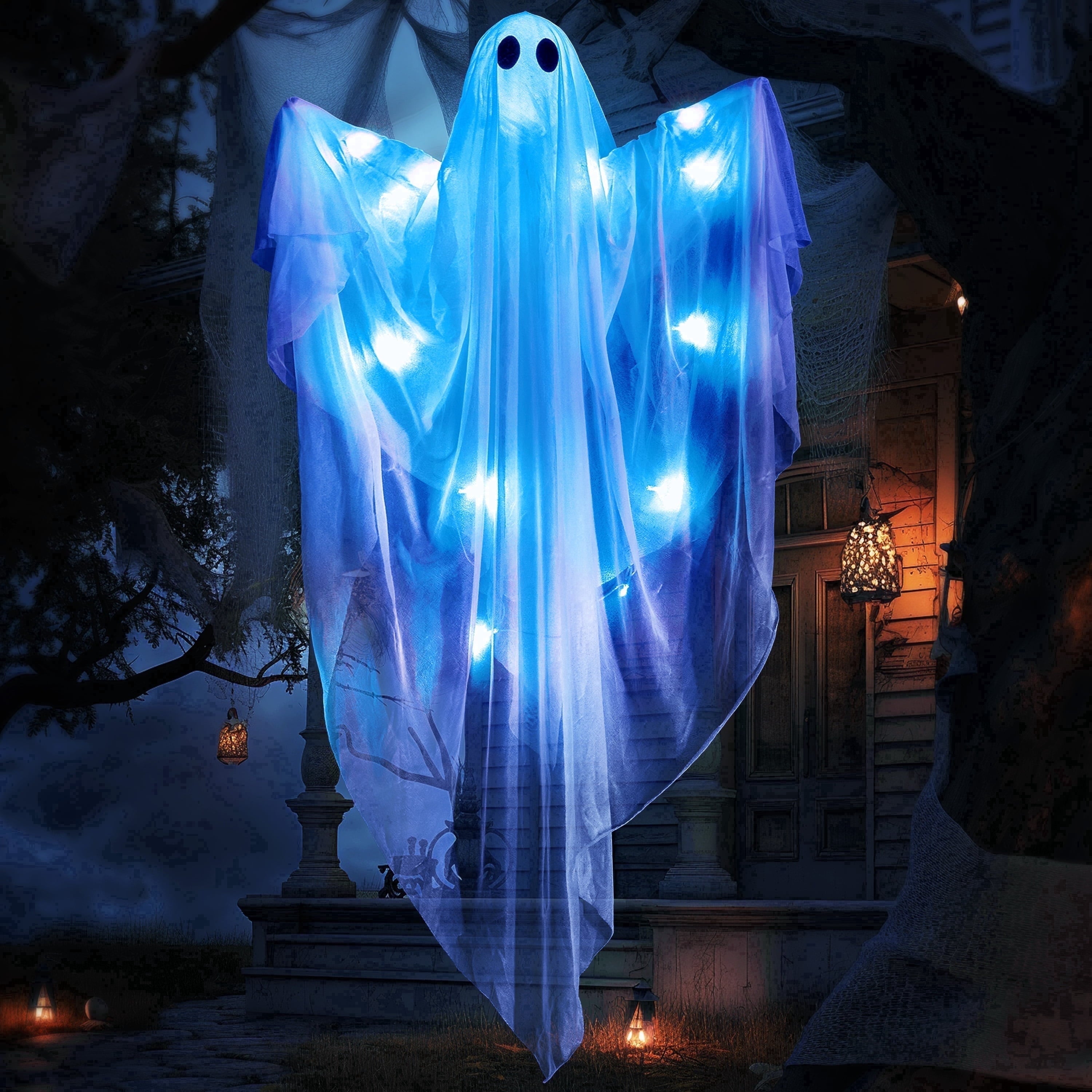 Joyfy 47inch Halloween Decorations Outdoor Hanging Ghost,Light up White Ghosts with Spooky Warm White LED Light,Halloween Outdoor Yard Porch Decorations,Haunted House Decorations