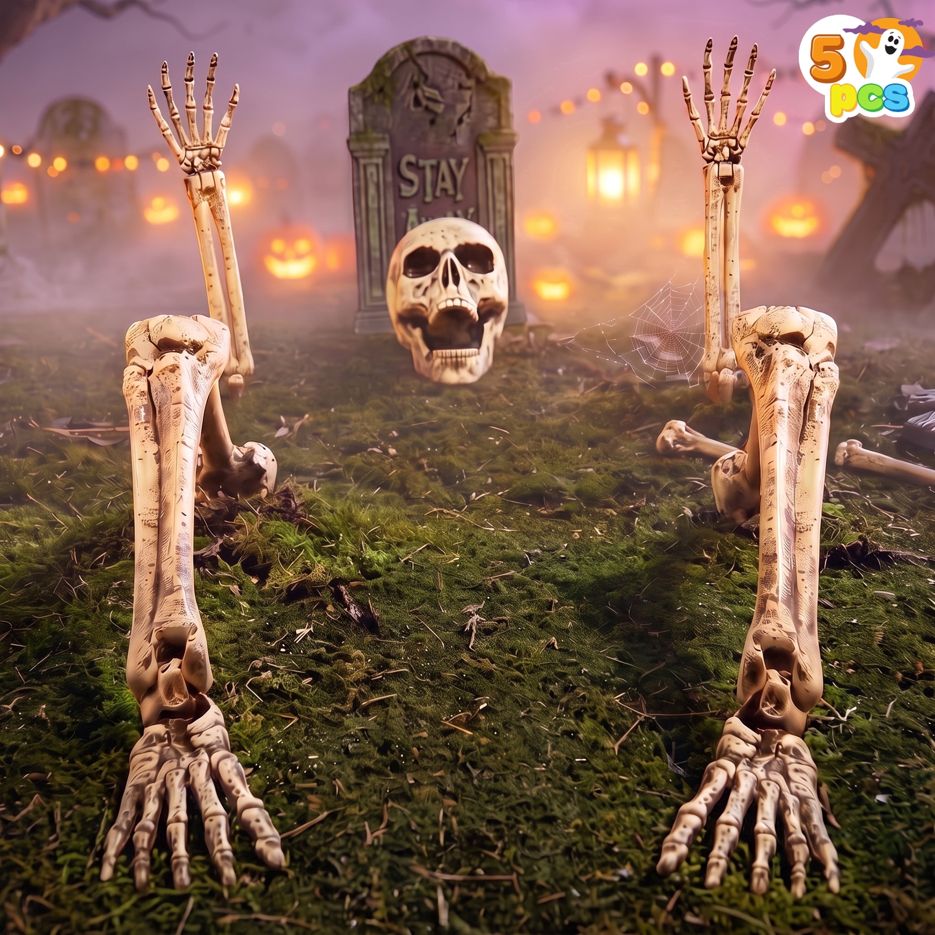 Joyfy 3 Pack Halloween Light up Skeleton Decorations Outdoor,Halloween Graveyard Spooky Skull Stakes Pathway Lights for Halloween Props Yard Decor