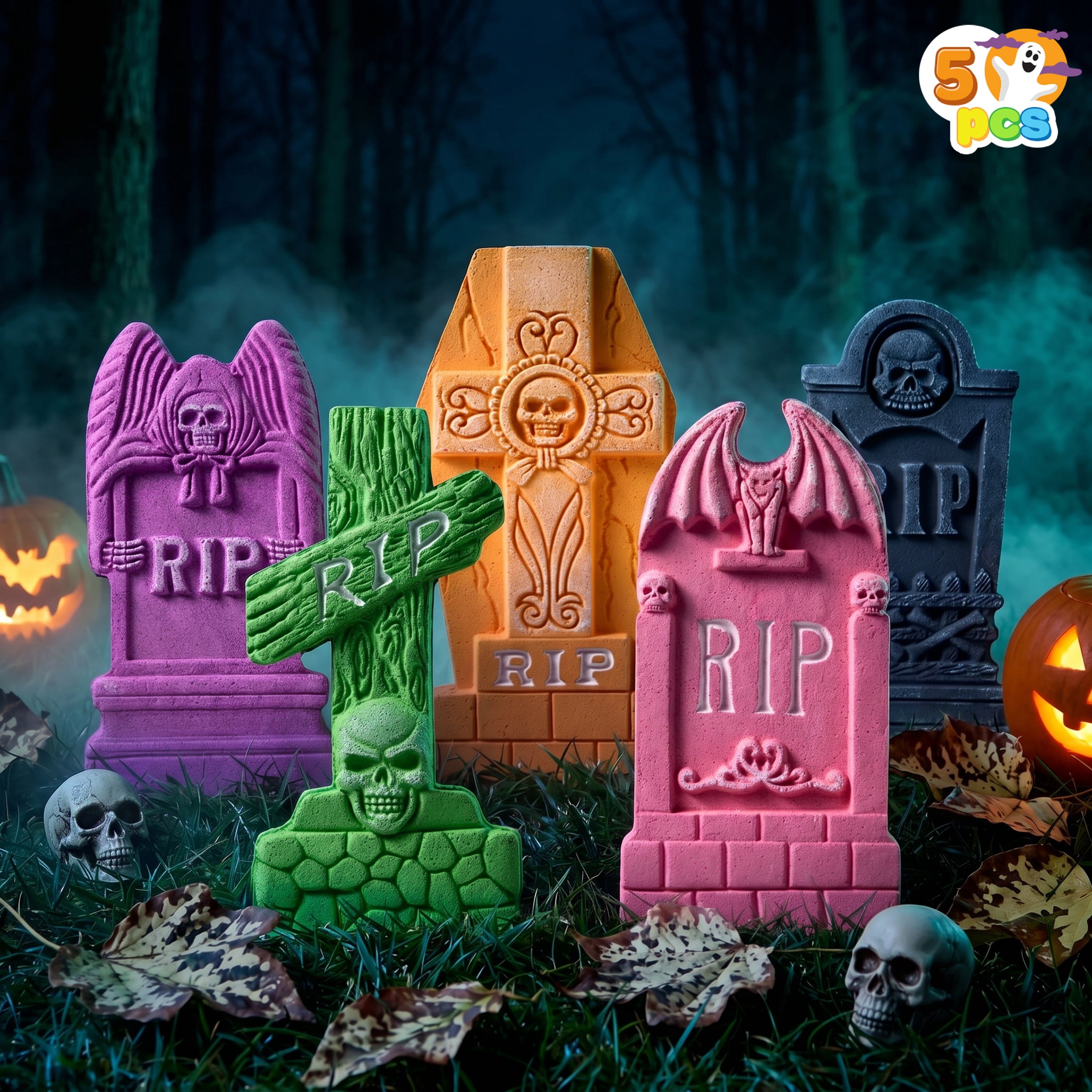 Joyfy 17" Halloween 5 Pack Tombstone Decorations, Foam RIP Graveyard Signs Cemetery Headstones Scary Outdoor Indoor Halloween Decor with 12 Metal Stakes for Easy Set Up, Waterproof for Garden Lawn