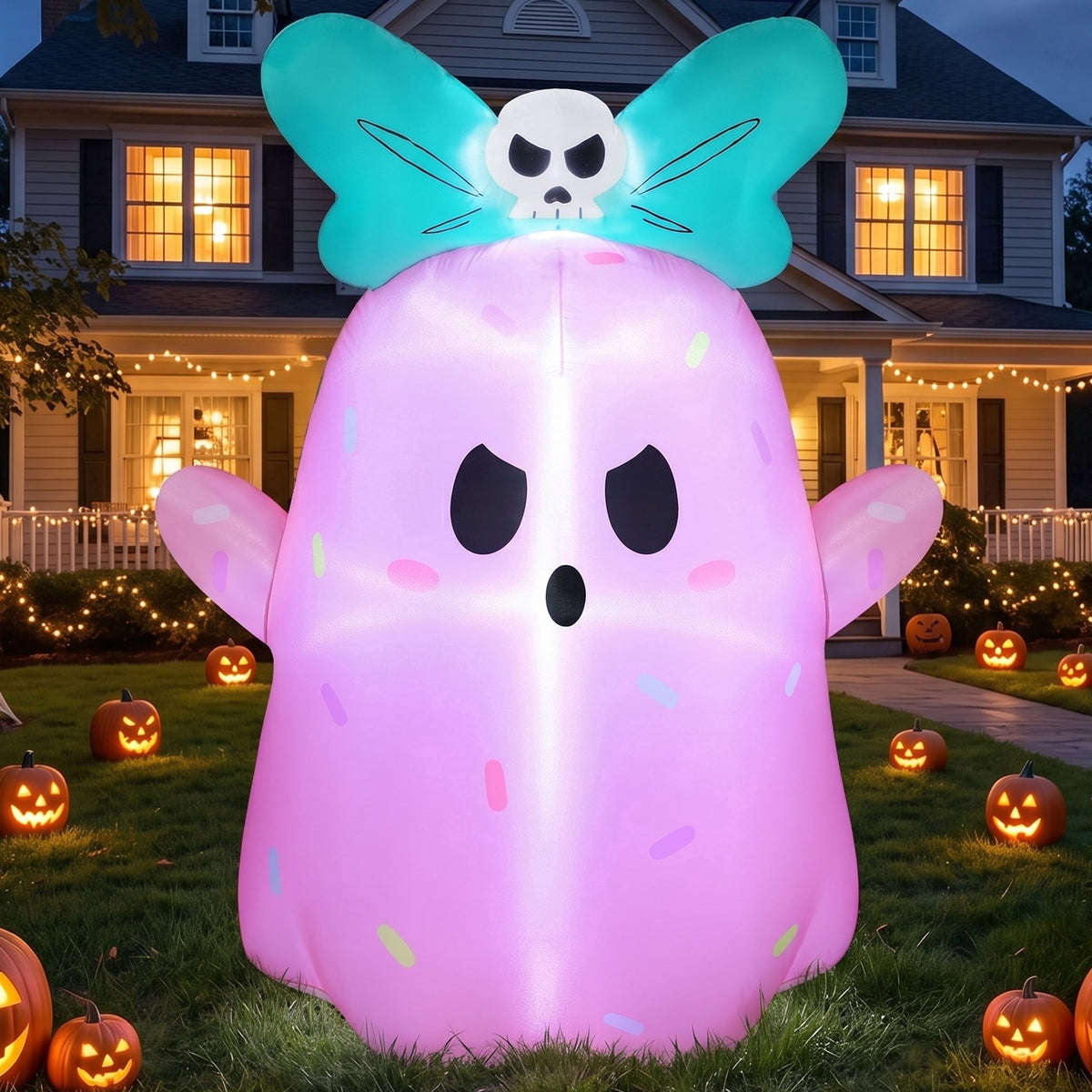Joyfy 5Ft Halloween Inflatable Pumpkin Ghost with Colorful LED Lights,Halloween Blow Up Cute Decor for Indoor Outdoor Holiday Yard Decoration