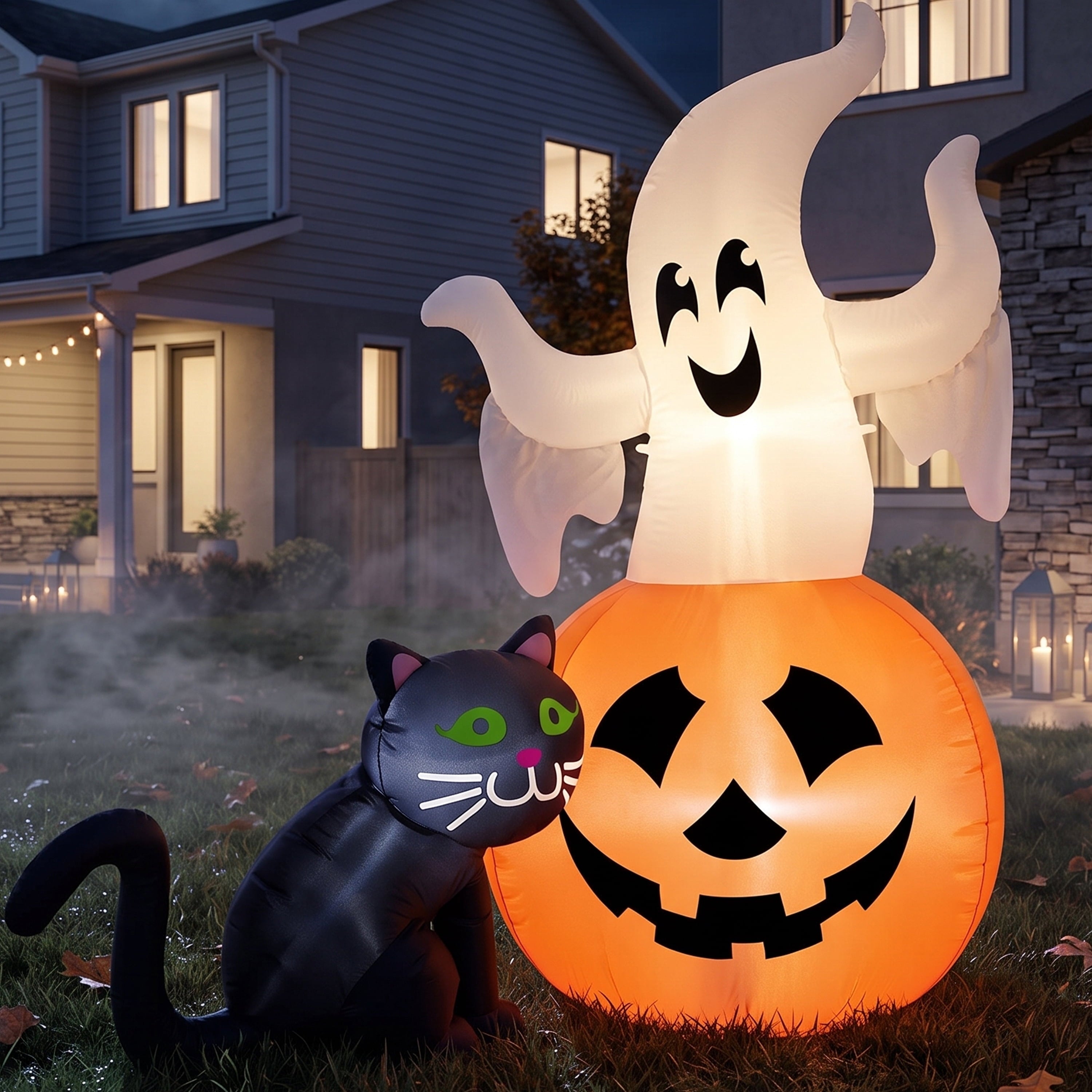 Joyfy 5ft Halloween Inflatables Light up Cute Ghost,Blow Up Ghost Lift Pumpkin Candy Bag with Build-in LEDs for Yard Decorations