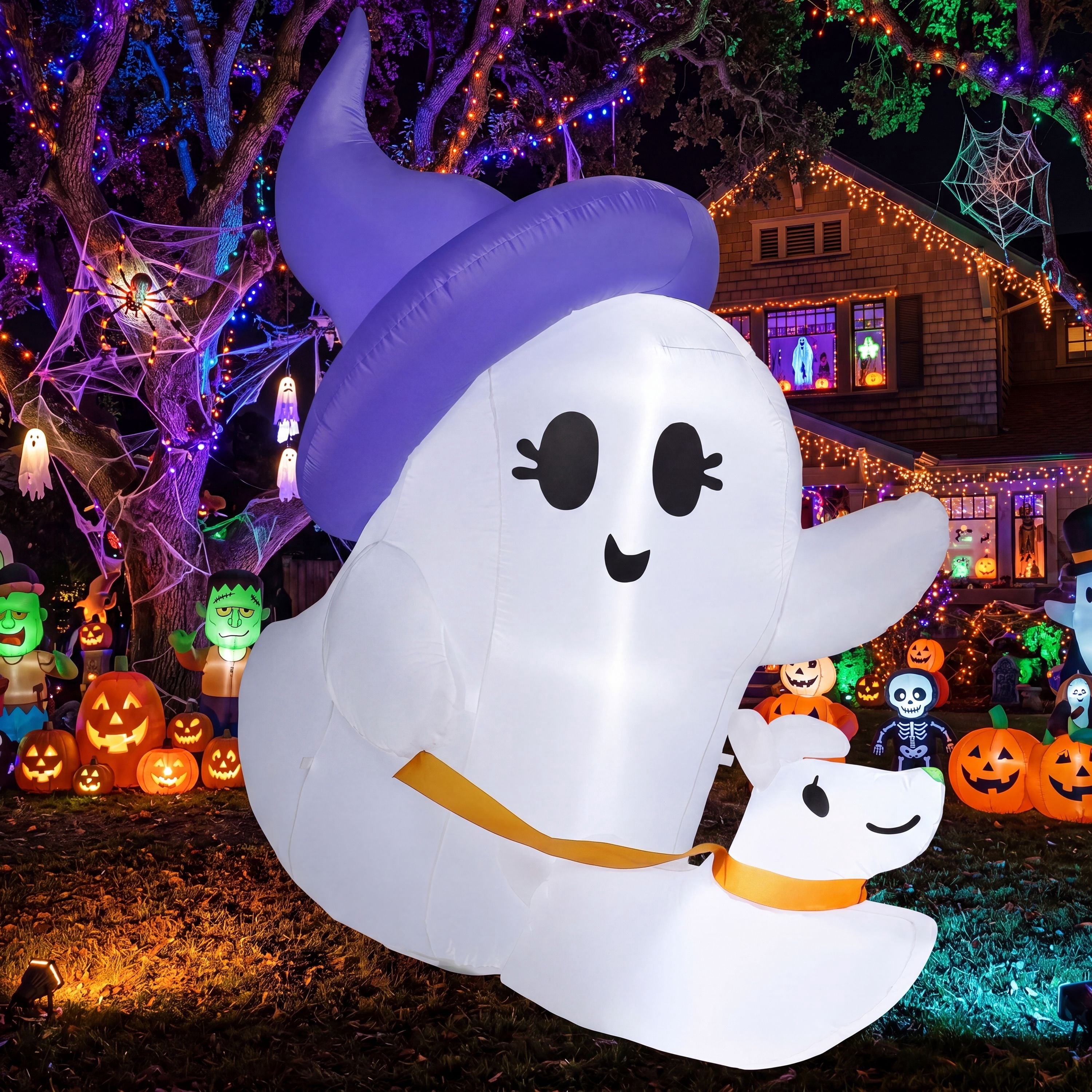 Joyfy 5ft Halloween Inflatables Light up Cute Ghost,Blow Up Ghost Lift Pumpkin Candy Bag with Build-in LEDs for Yard Decorations
