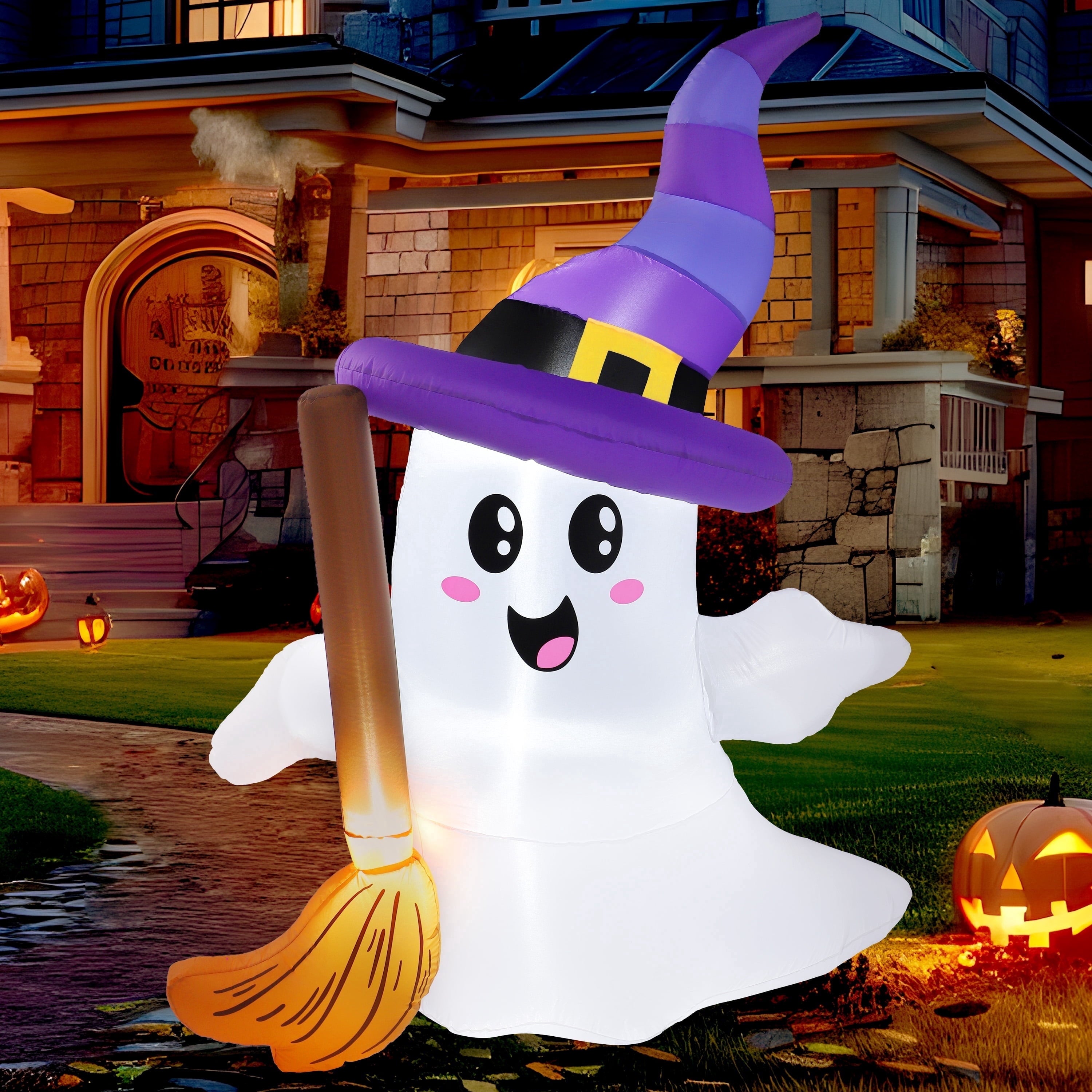 Joyfy 5ft Halloween Inflatables Light up Cute Ghost,Blow Up Ghost Lift Pumpkin Candy Bag with Build-in LEDs for Yard Decorations