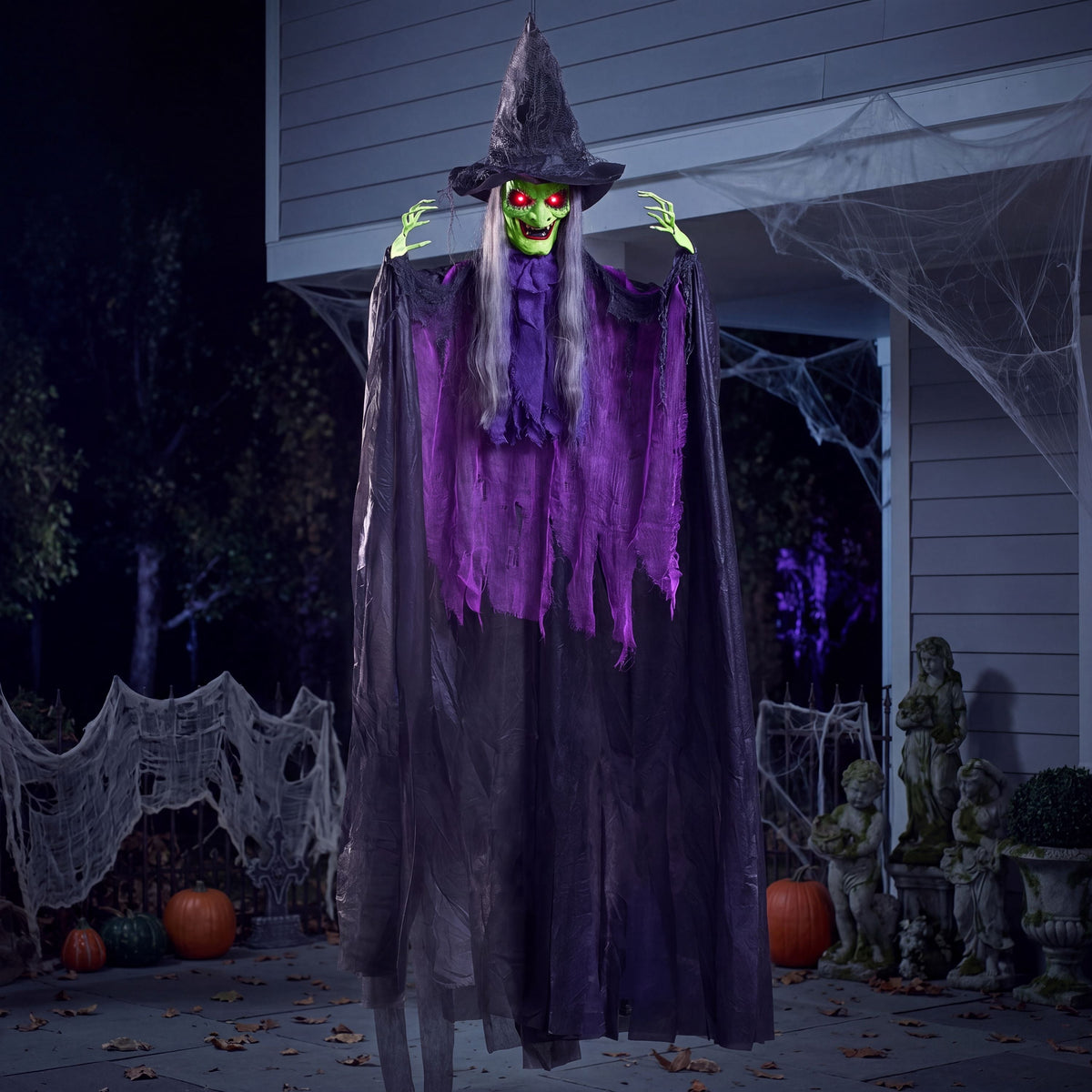 Joyfy 6ft Halloween Witch Decoration,Outdoor Scary Halloween Animatronic Hanging Witch with Light Up Eyes and Sound Decoration for Halloween Outdoor