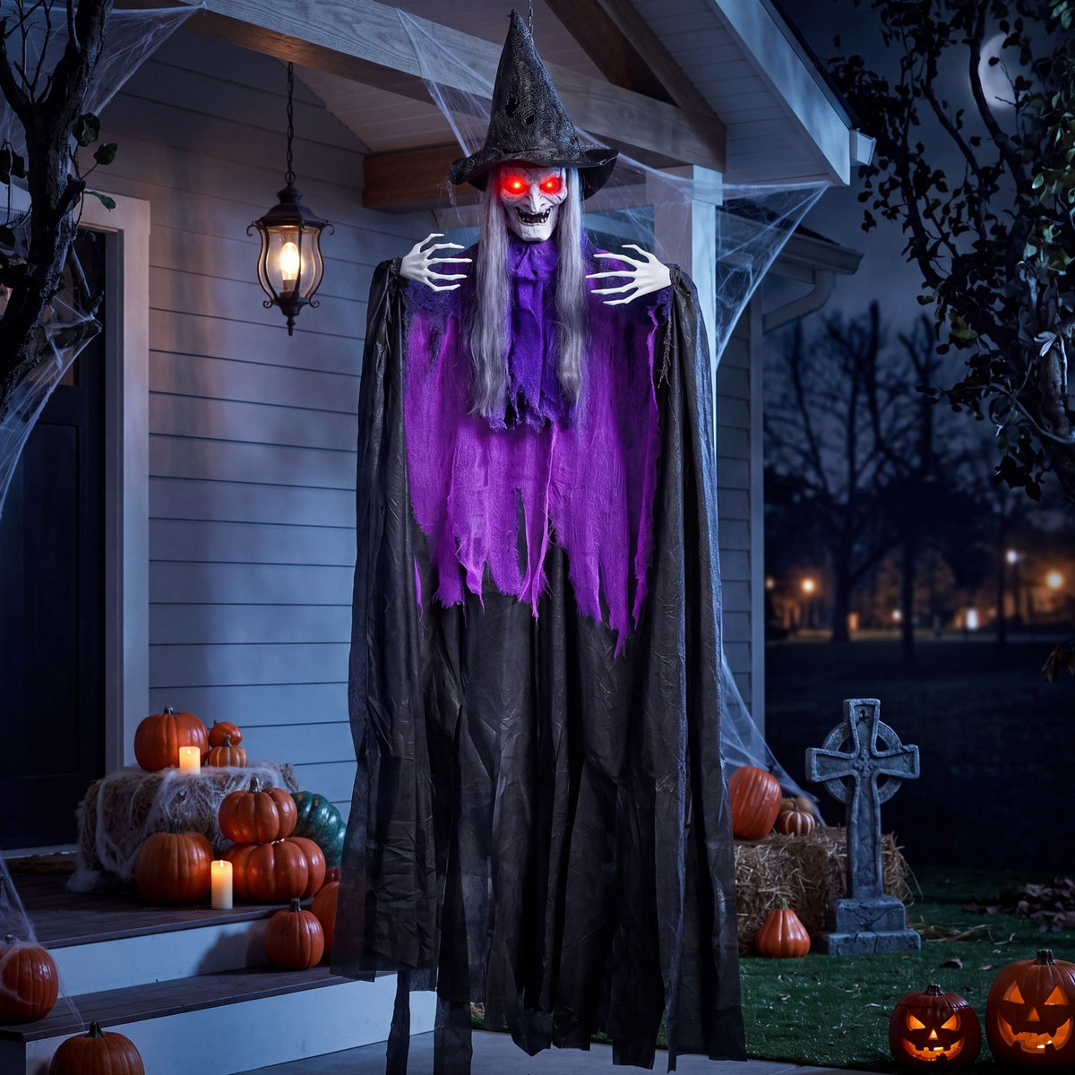 Joyfy 6ft Halloween Witch Decoration,Outdoor Scary Halloween Animatronic Hanging Witch with Light Up Eyes and Sound Decoration for Halloween Outdoor