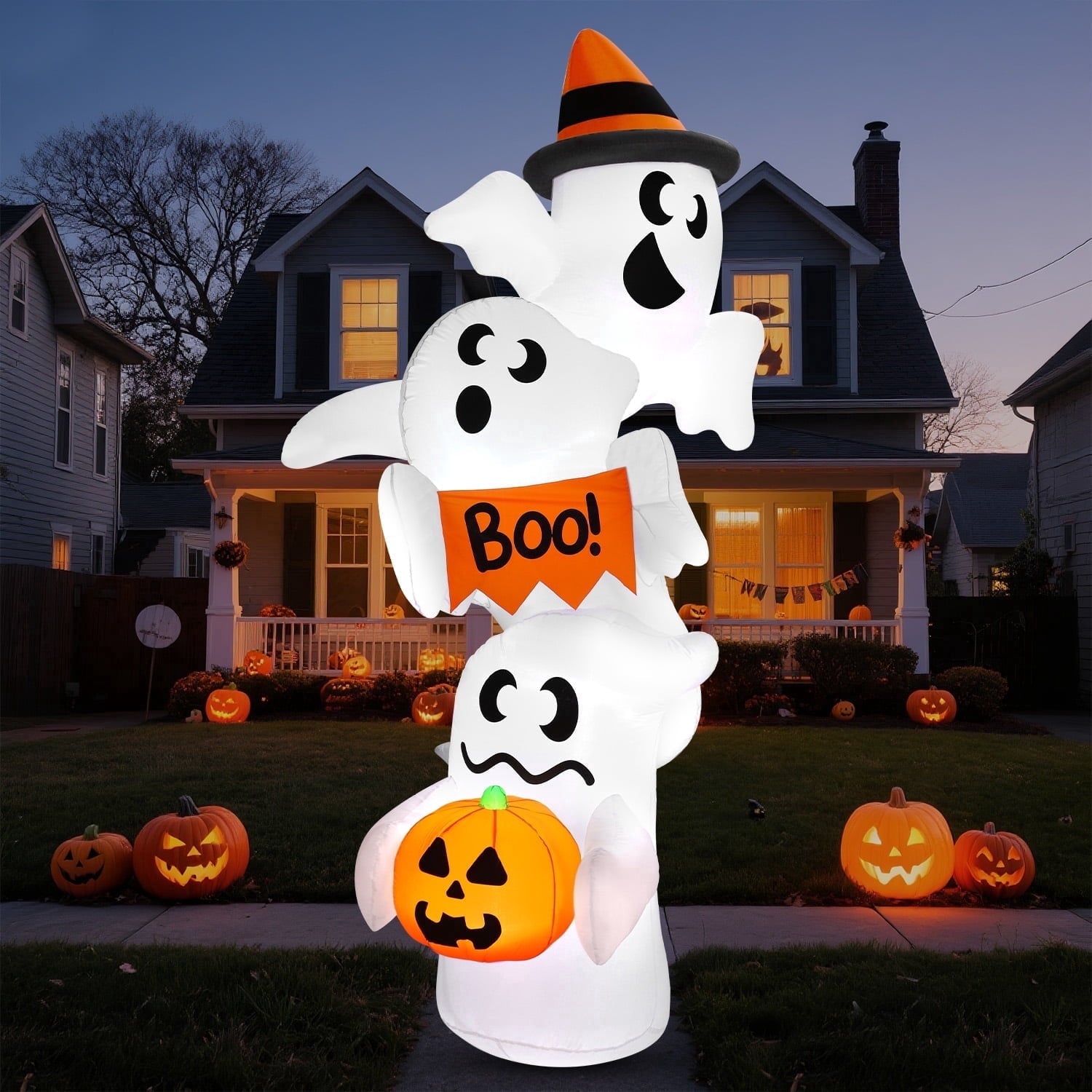 Joyfy 5ft Halloween Inflatables Light up Cute Ghost,Blow Up Ghost Lift Pumpkin Candy Bag with Build-in LEDs for Yard Decorations