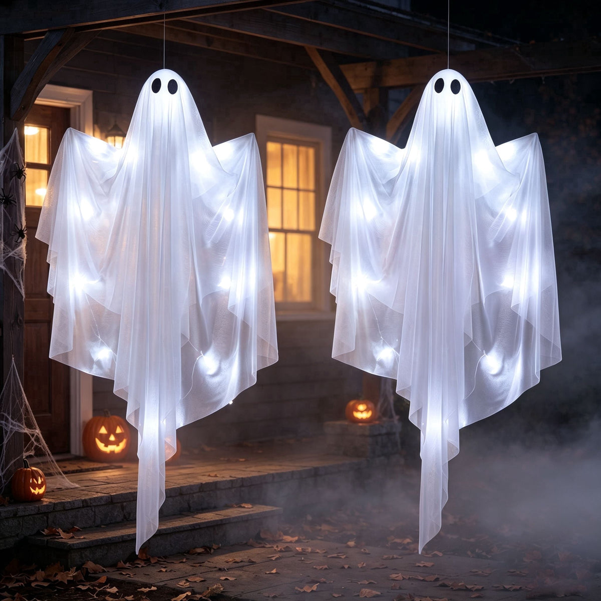 Joyfy 47inch Halloween Decorations Outdoor Hanging Ghost,Light up White Ghosts with Spooky Warm White LED Light,Halloween Outdoor Yard Porch Decorations,Haunted House Decorations